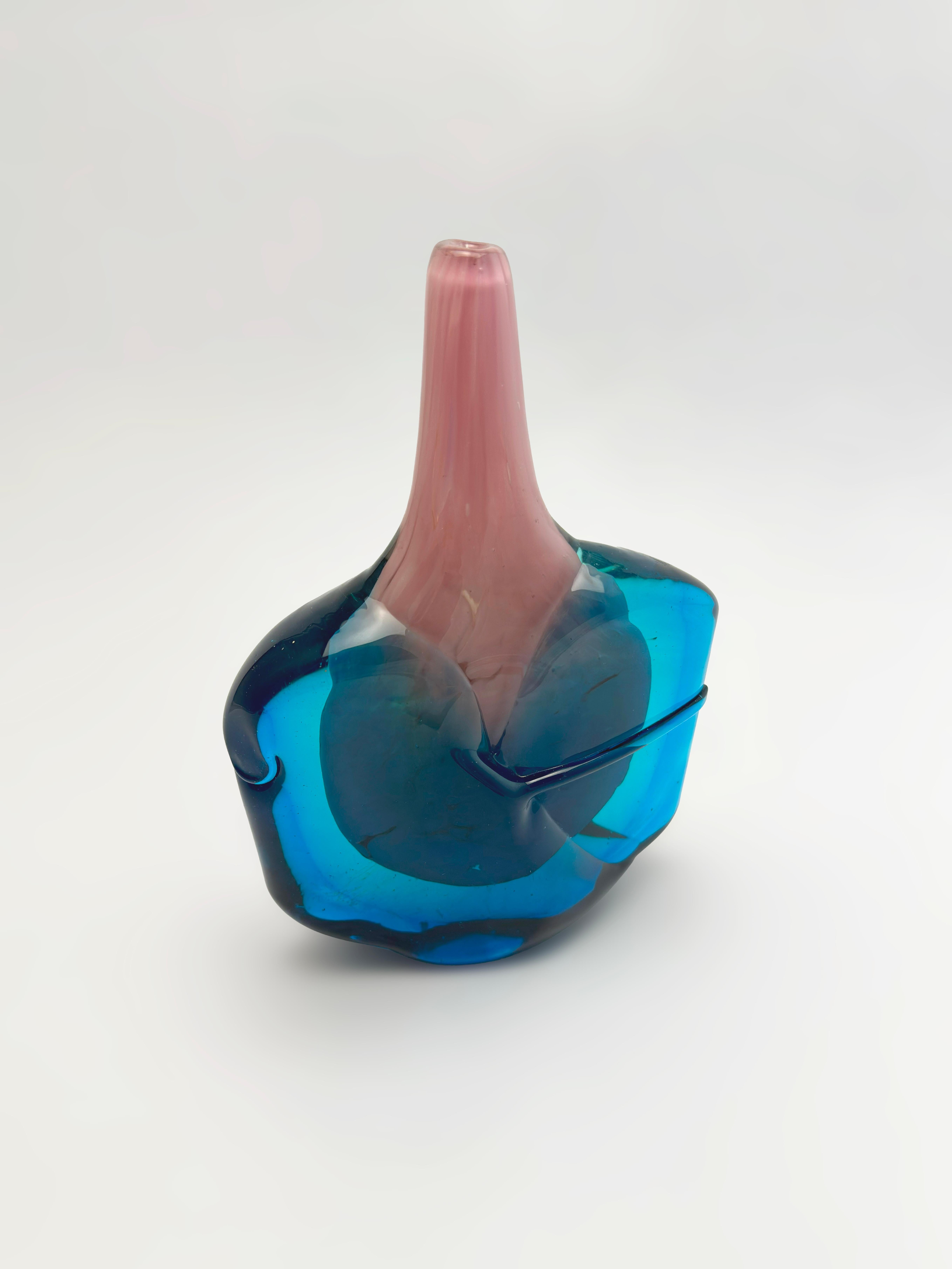 Maltese Mdina Axehead Solifleur Vase in Pink and Blue Glass, Malta, 1970s For Sale
