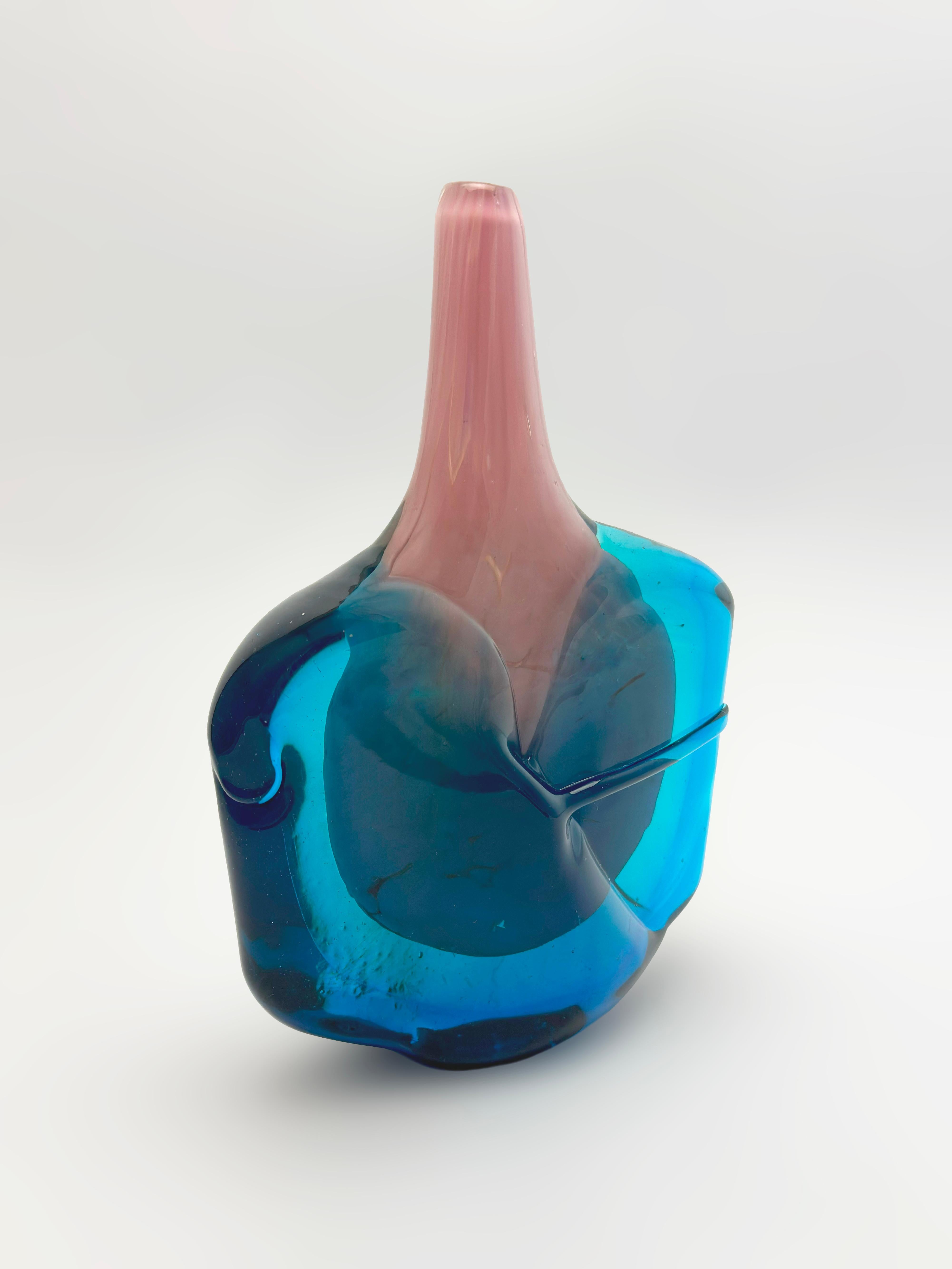 Mdina Axehead Solifleur Vase in Pink and Blue Glass, Malta, 1970s In Good Condition For Sale In Glasgow, GB