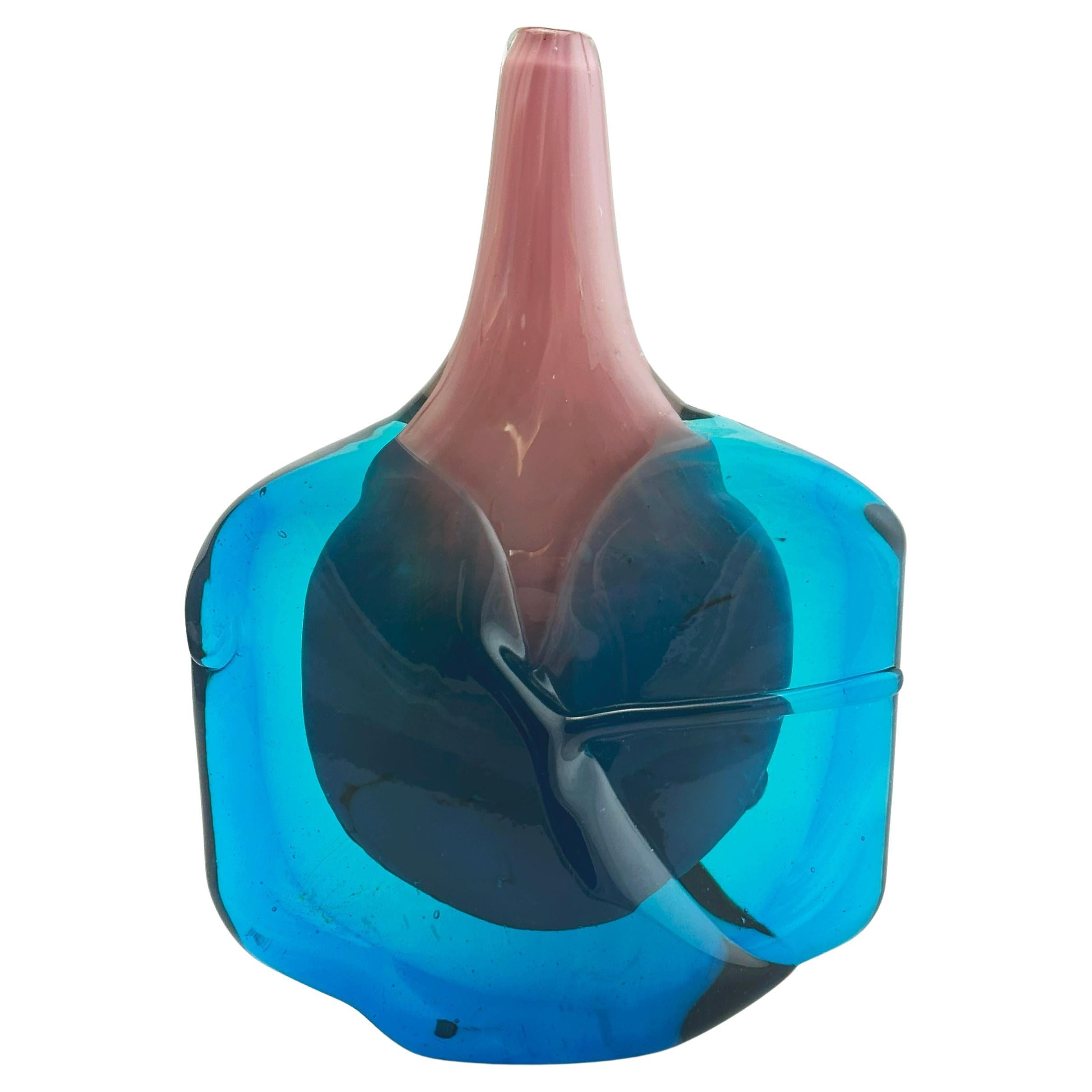 Mdina Axehead Solifleur Vase in Pink and Blue Glass, Malta, 1970s