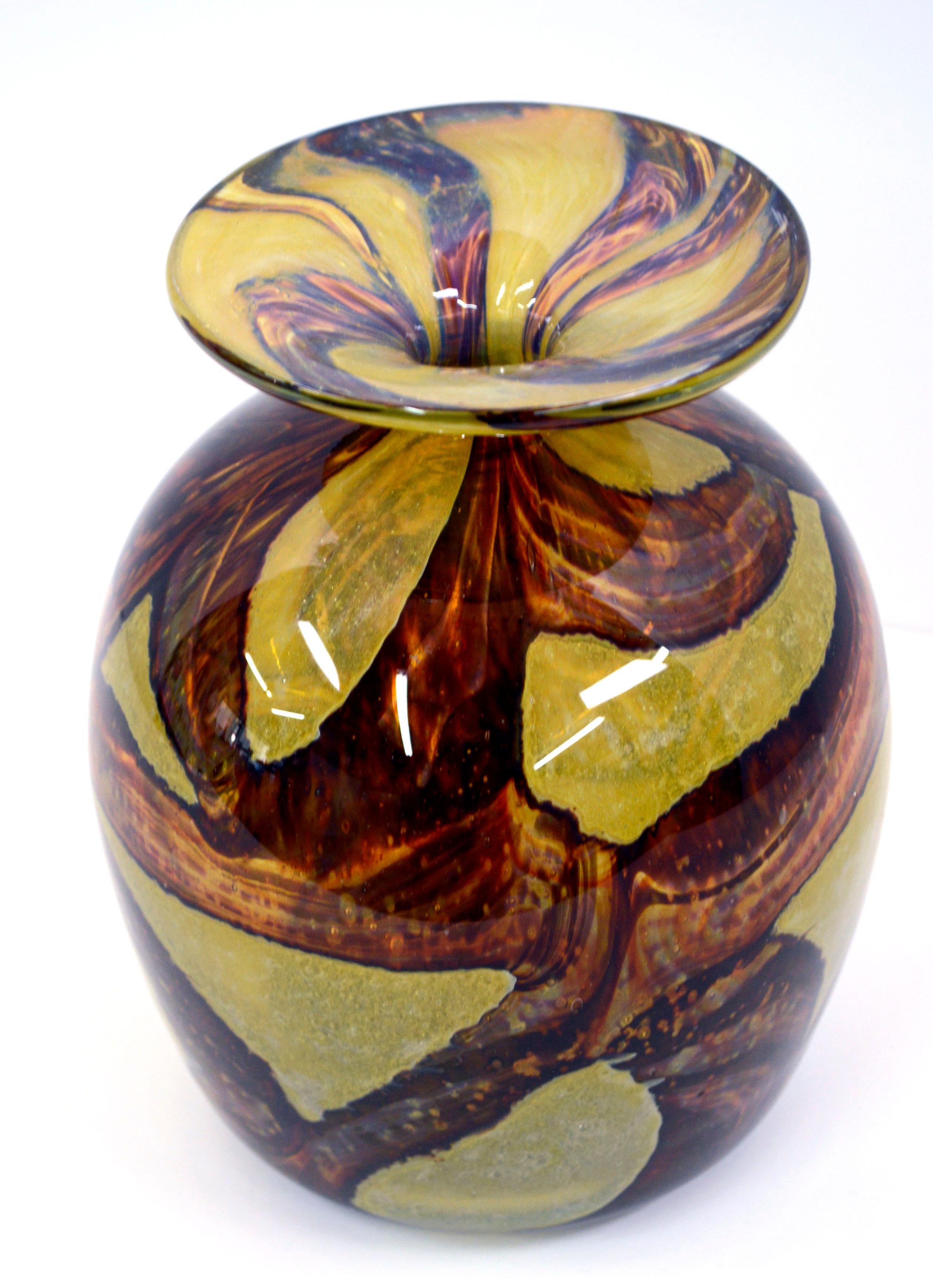 Chartreuse & brown earth tones organically flow together in this signed Mdina (Maltese, 1968-present) glass vase from the island of Malta, c.1970's. Signed 