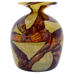 Vintage Mdina Chartreuse & Brown Earthtone Maltese Glass Vase, Signed