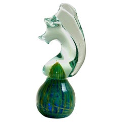Vintage Mdina Glass Handcrafted Green and Yellow Seahorse Paperweight - Signed 