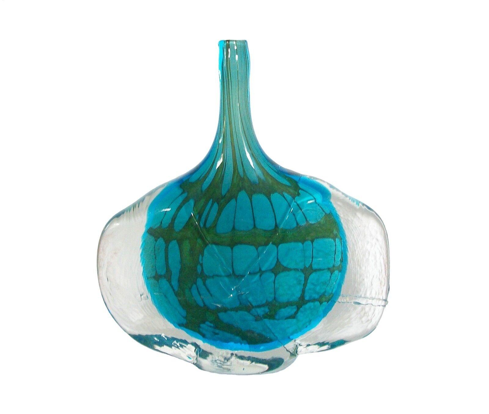 MDINA GLASS or MDG After Designs by Michael Harris - extraordinary mid-century studio glass 'Fish' vase - striking turquoise and green internal fused glass with an unusual square design - textured finish to the outer clear shell - unsigned - Malta -