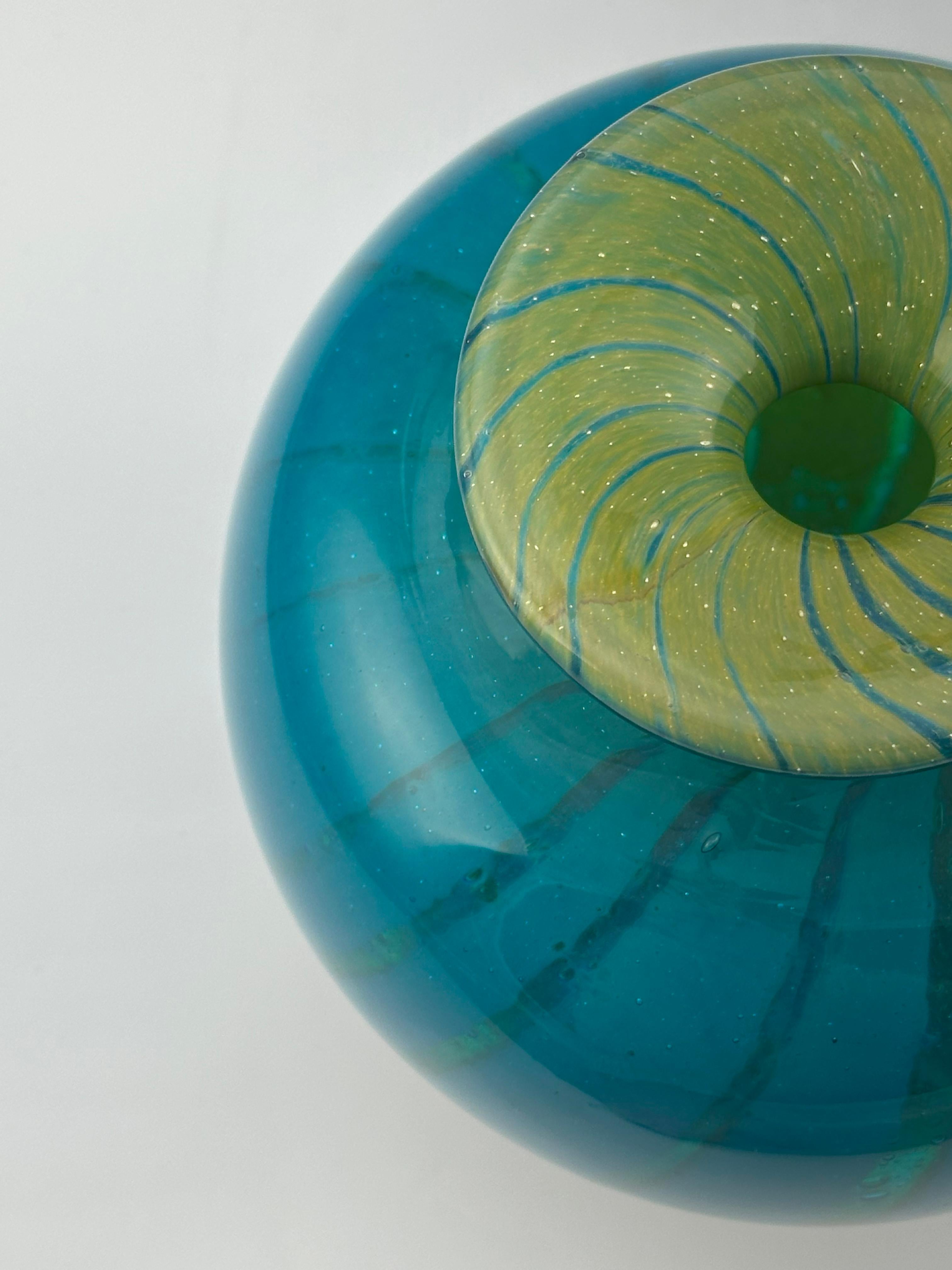 Turquoise Glass Squat Bottle Vase in Mdina ‘Ming’ Pattern, Signed 1979, Malta For Sale 2