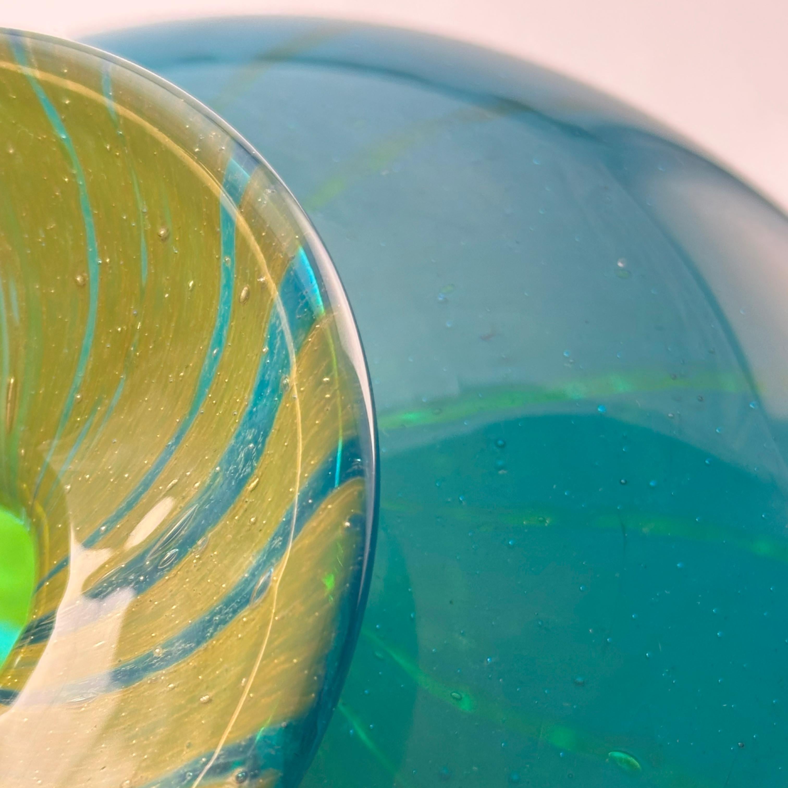 Maltese Turquoise Glass Squat Bottle Vase in Mdina ‘Ming’ Pattern, Signed 1979, Malta For Sale