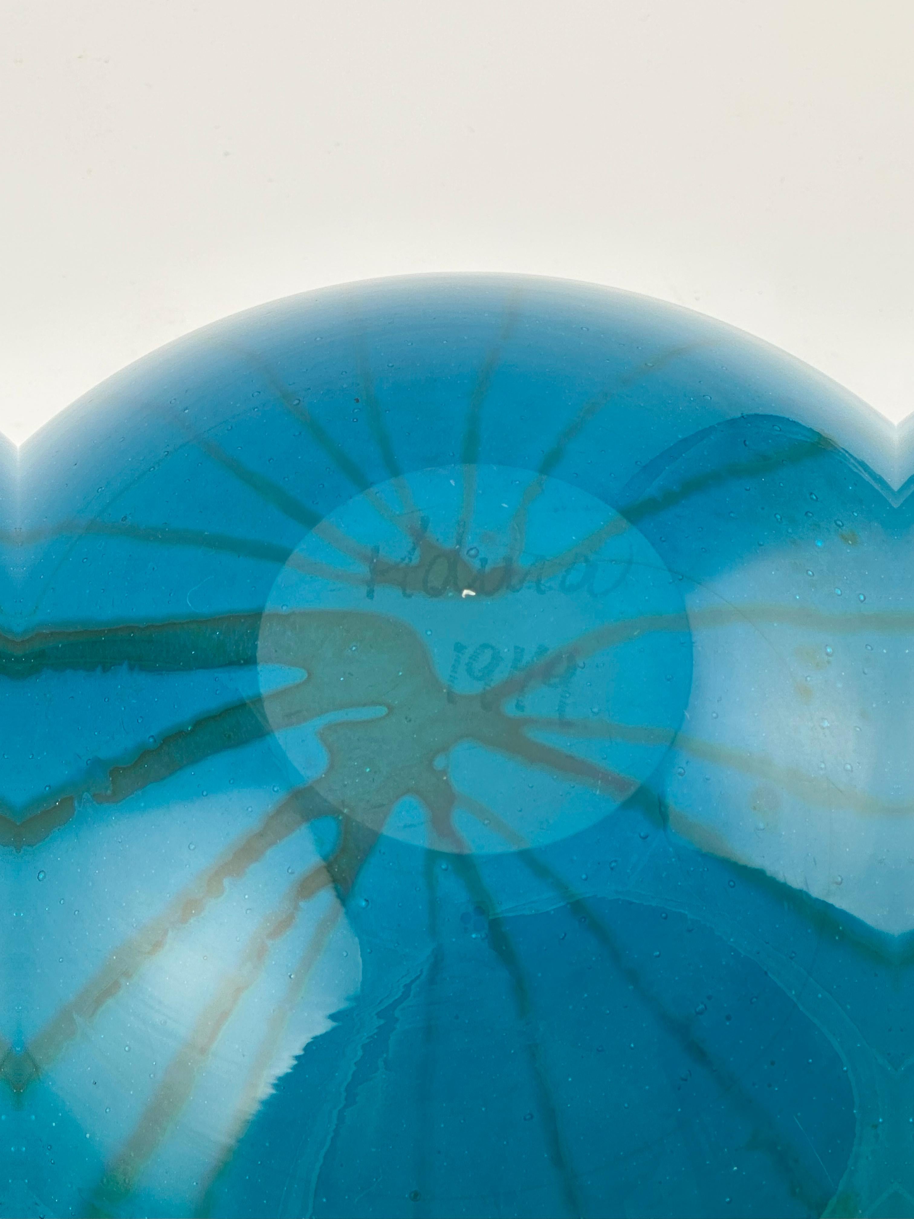 Turquoise Glass Squat Bottle Vase in Mdina ‘Ming’ Pattern, Signed 1979, Malta In Good Condition For Sale In Glasgow, GB