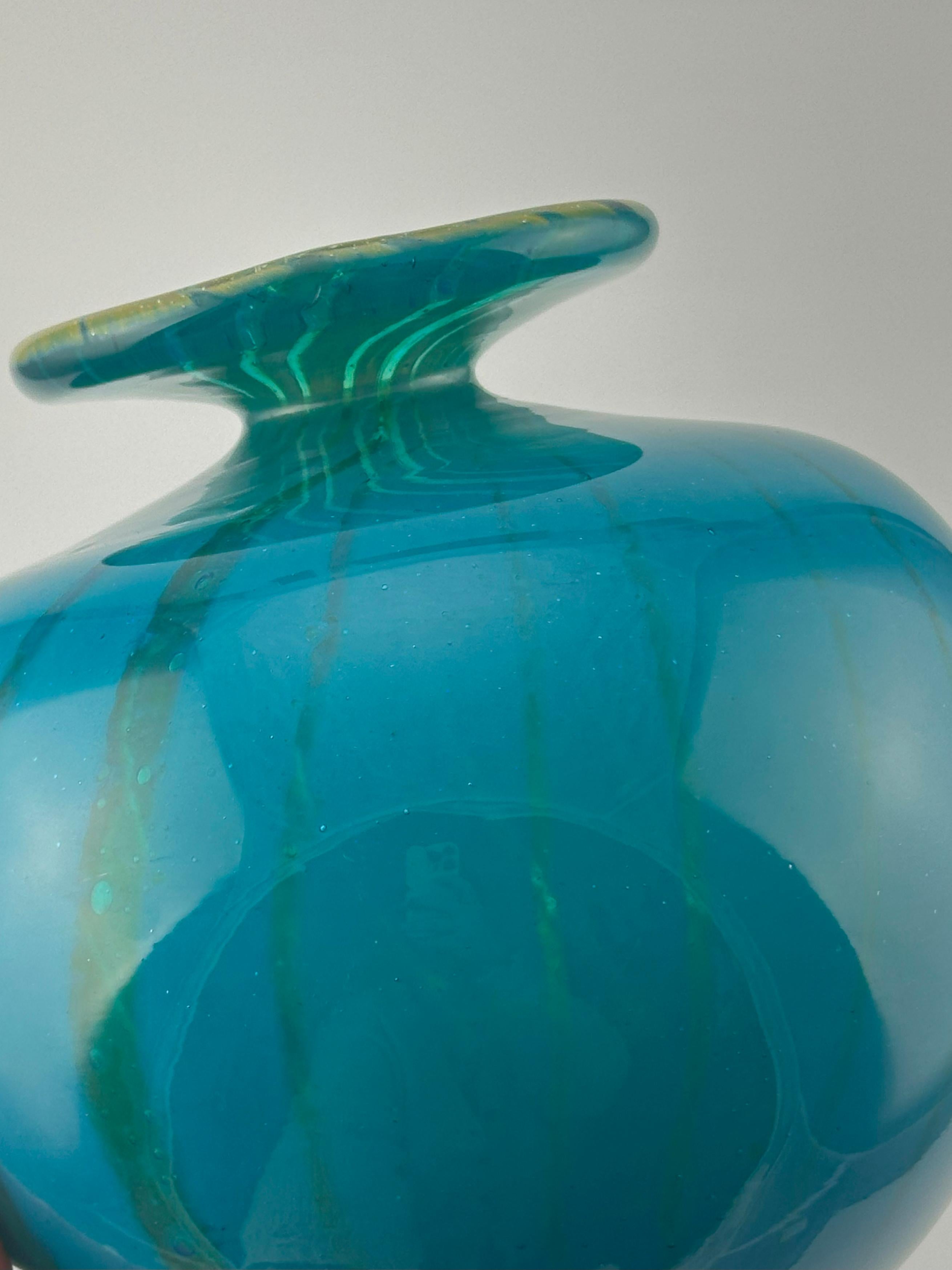 Art Glass Turquoise Glass Squat Bottle Vase in Mdina ‘Ming’ Pattern, Signed 1979, Malta For Sale