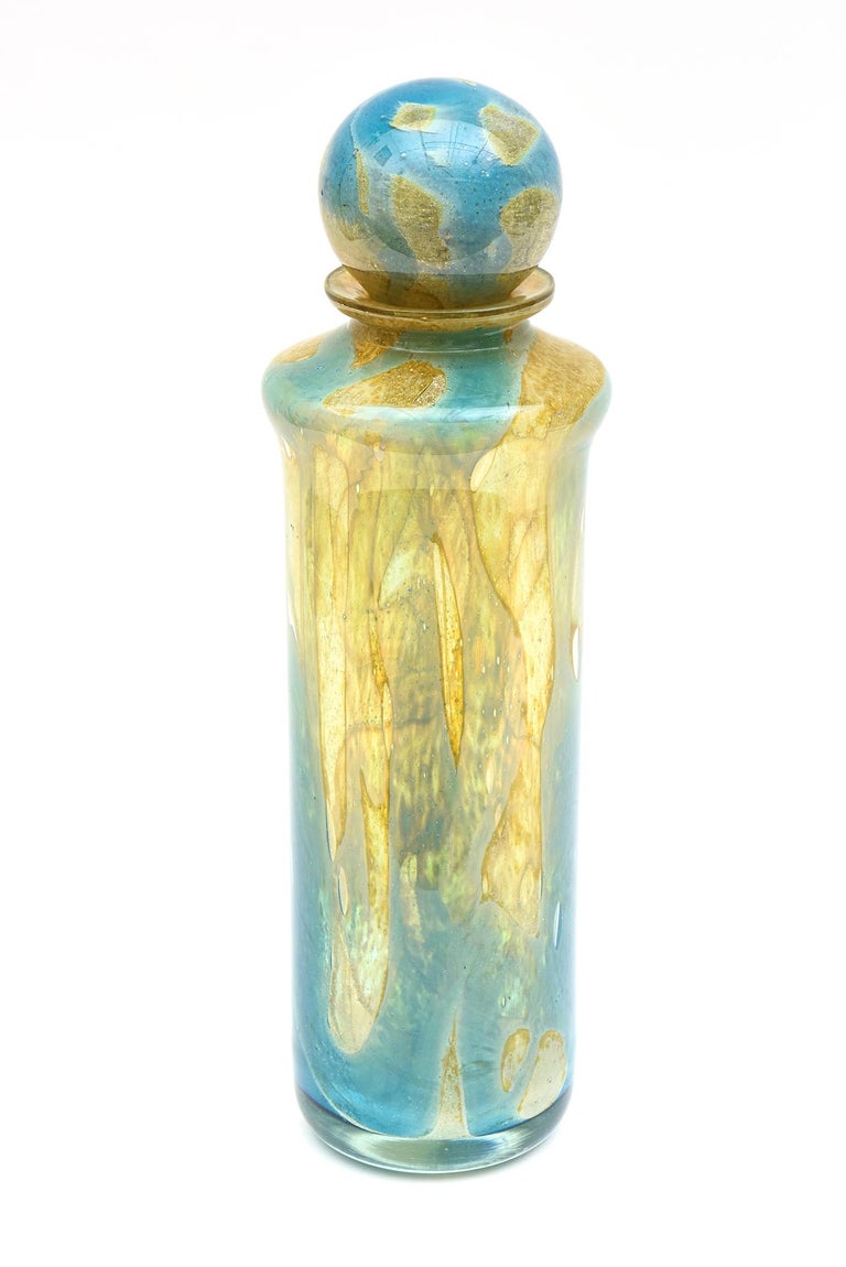 Mdina Malta Signed Turquoise, Yellow, Brown Blown Glass Decanter Bottle Vintage For Sale 5