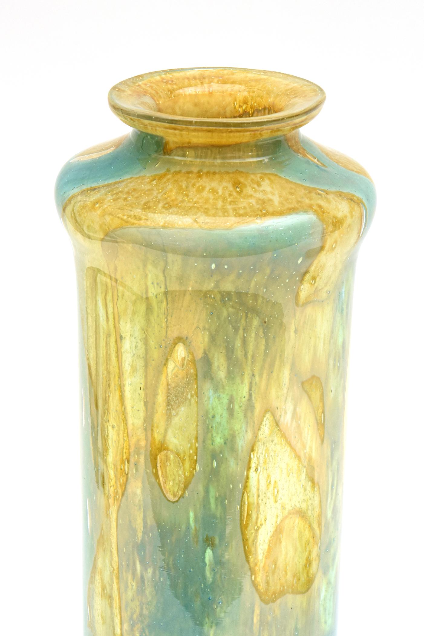 Modern Mdina Malta Signed Vintage Turquoise, Yellow, Brown Blown Glass Decanter Bottle