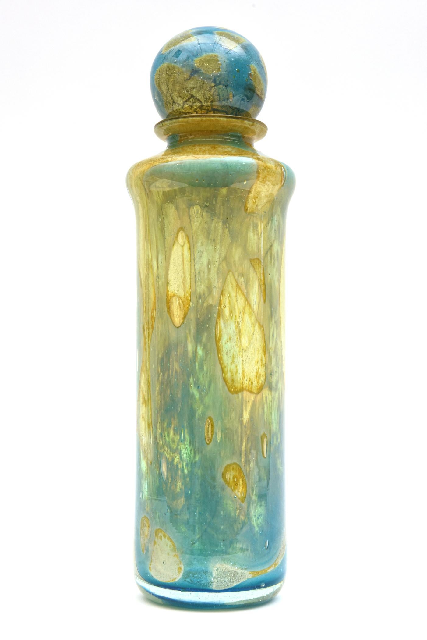 Late 20th Century Mdina Malta Signed Vintage Turquoise, Yellow, Brown Blown Glass Decanter Bottle