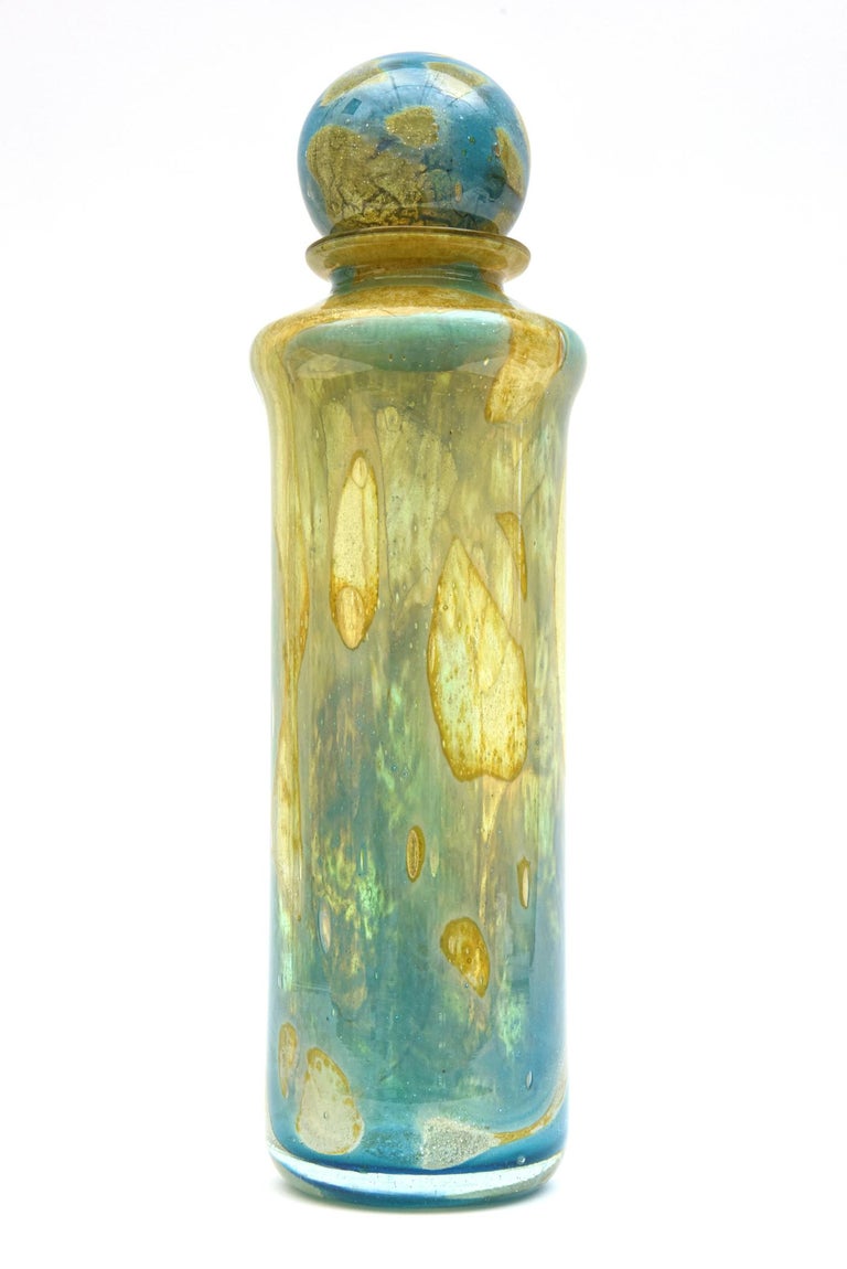 Late 20th Century Mdina Malta Signed Turquoise, Yellow, Brown Blown Glass Decanter Bottle Vintage For Sale
