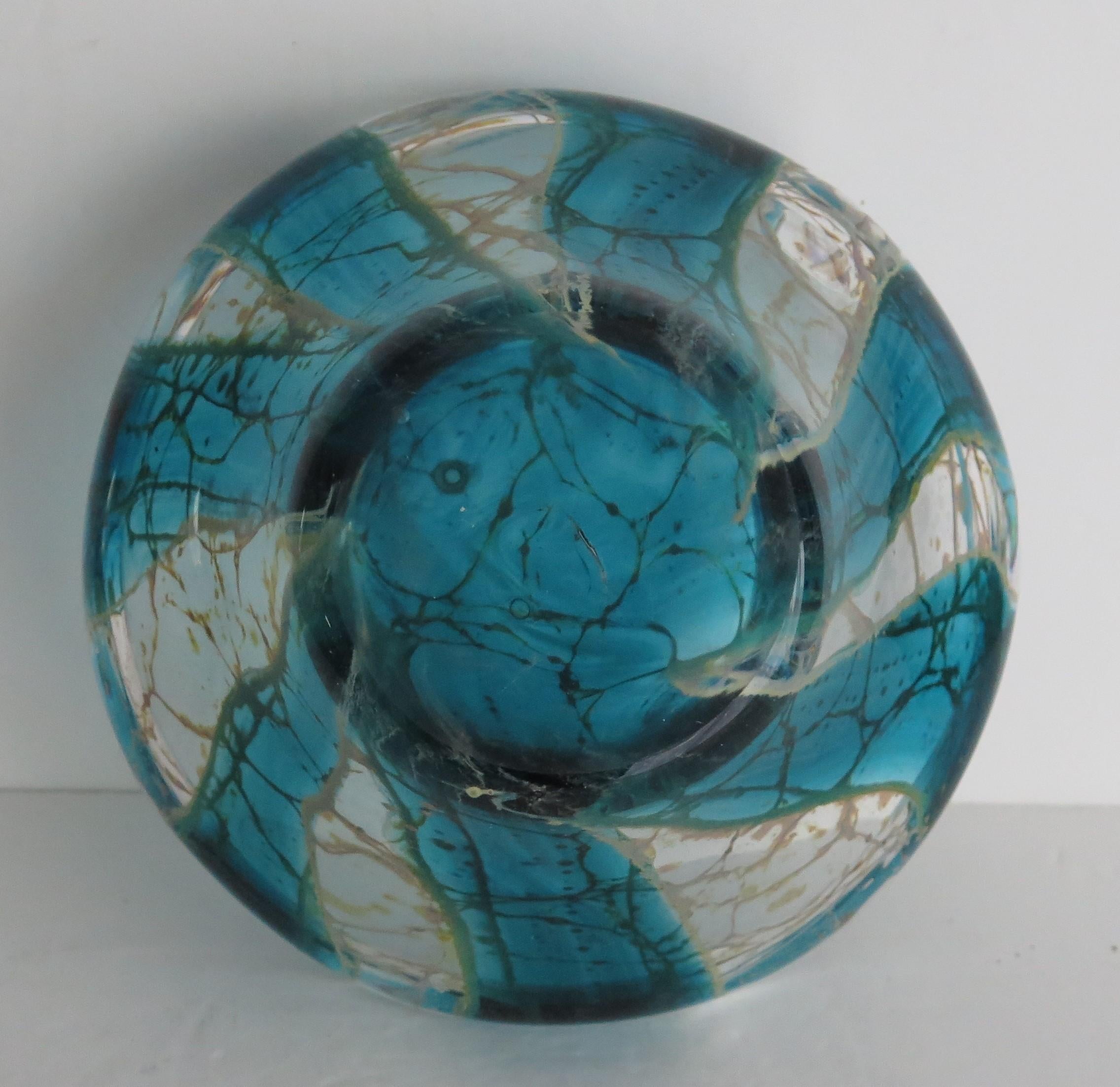 20th Century Mdina Maltese Glass Bowl in Crystal Blue Stripe Pattern, circa 1970s For Sale