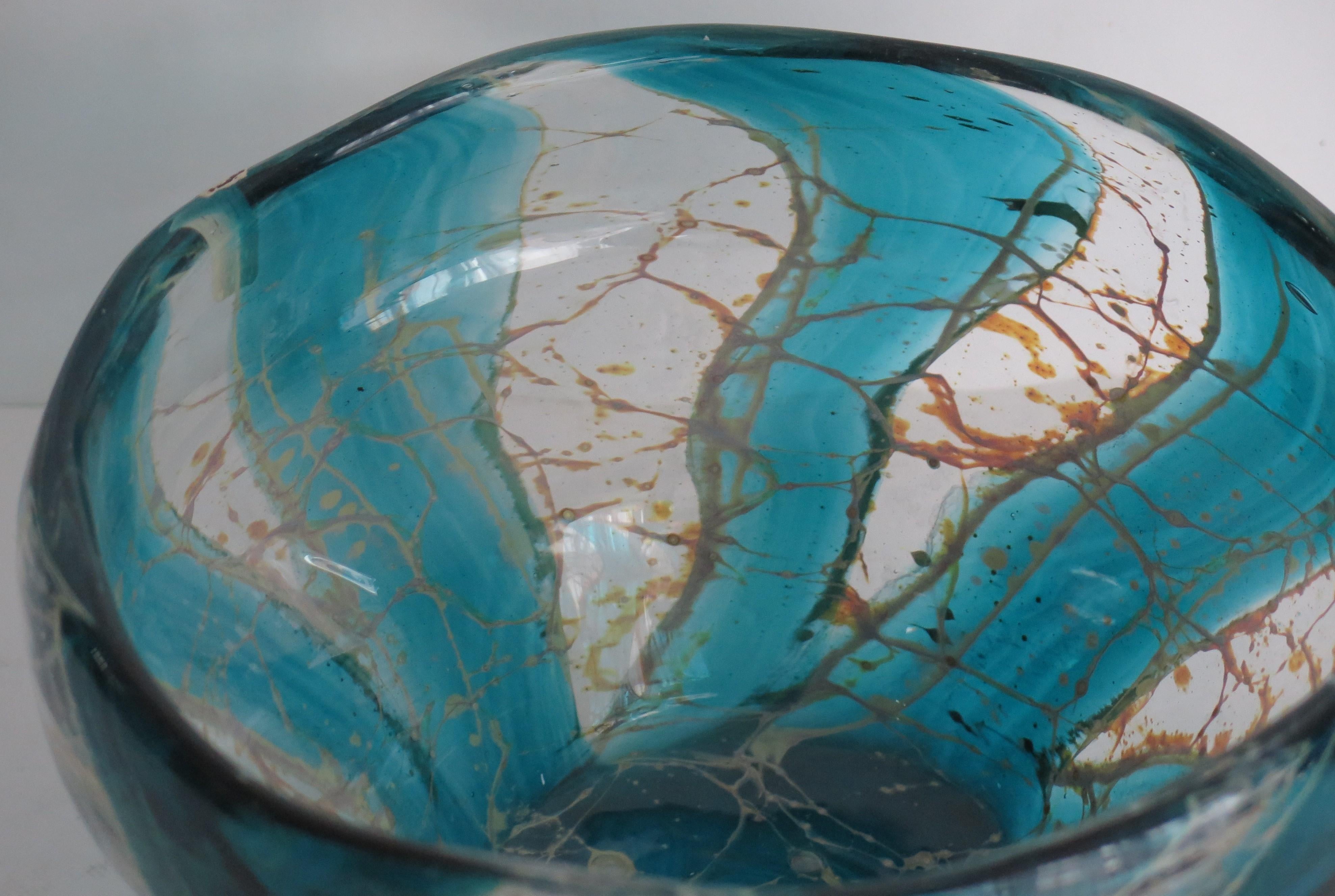 Art Glass Mdina Maltese Glass Bowl in Crystal Blue Stripe Pattern, circa 1970s For Sale