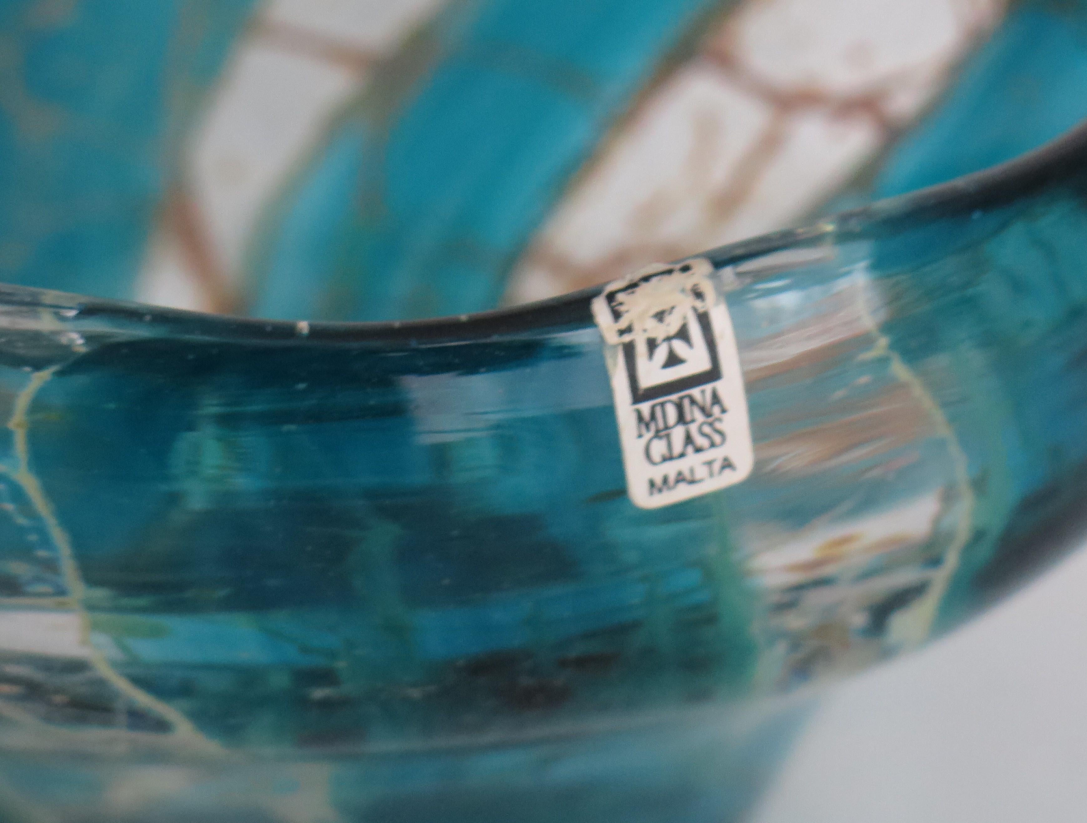 Modern Mdina Maltese Glass Bowl in Crystal Blue Stripe Pattern, circa 1970s For Sale