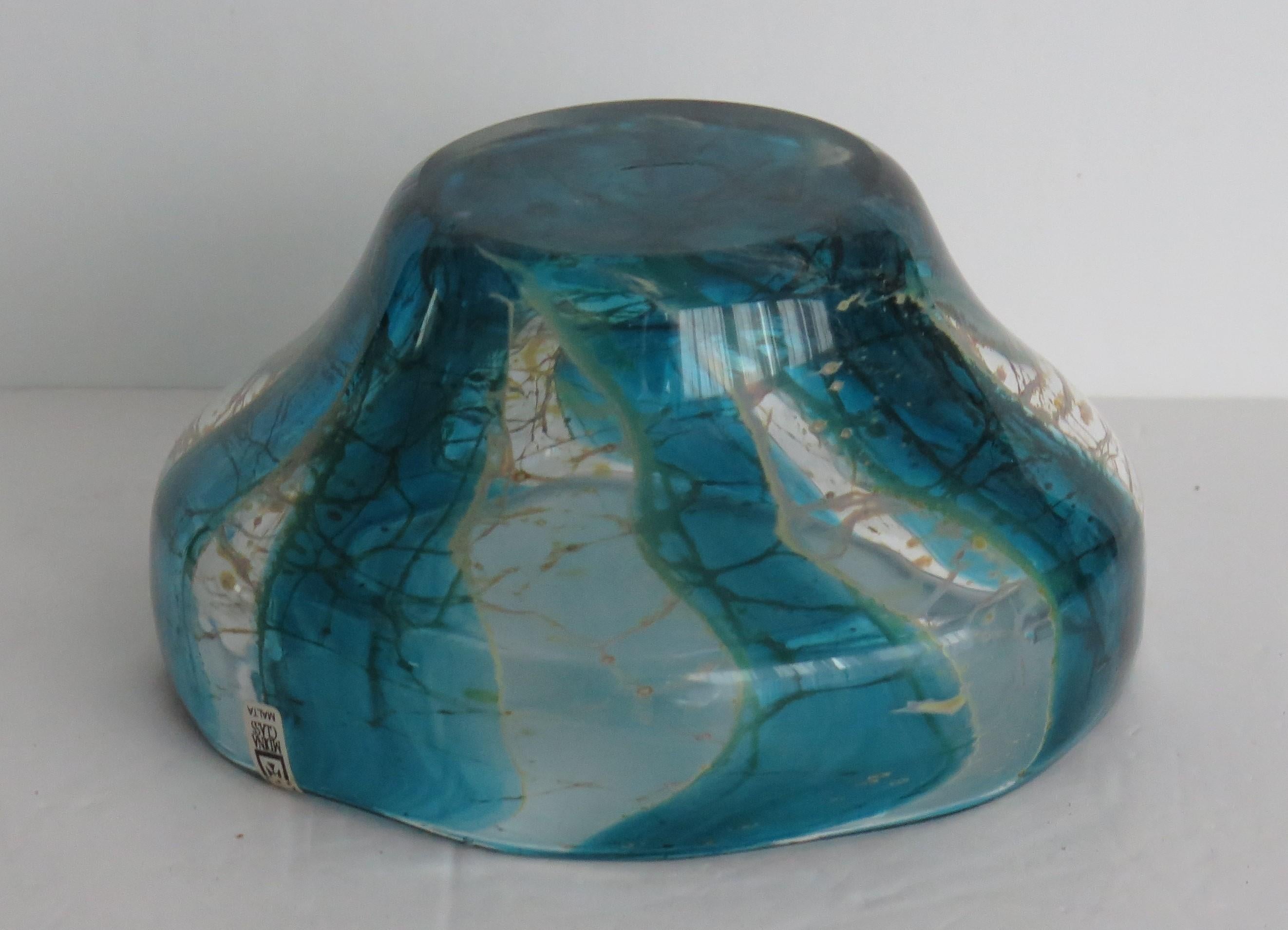 British Mdina Maltese Glass Bowl in Crystal Blue Stripe Pattern, circa 1970s For Sale