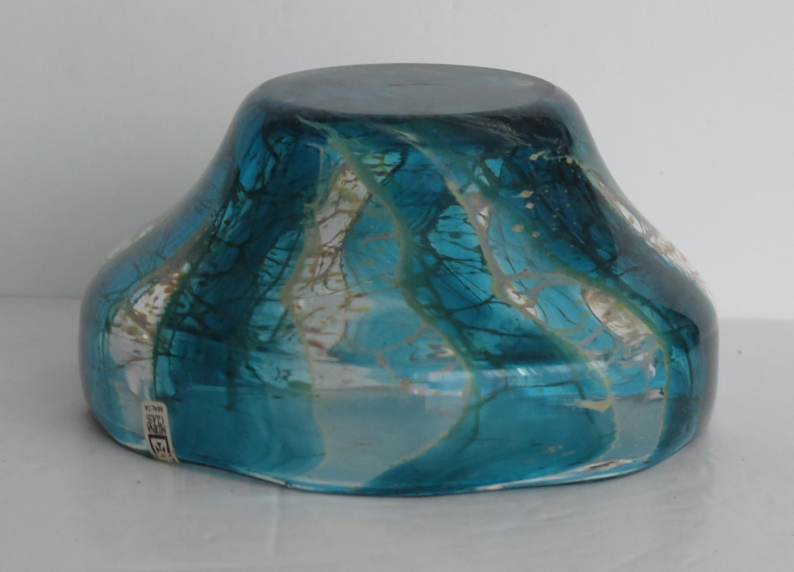 Hand-Crafted Mdina Maltese Glass Bowl in Crystal Blue Stripe Pattern, circa 1970s For Sale