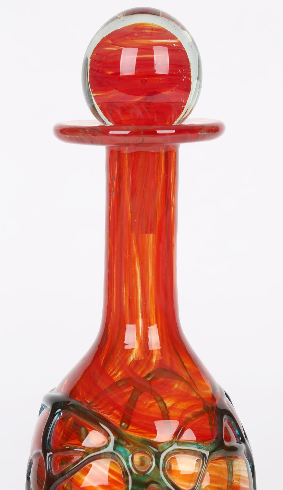 Mdina Maltese Hand Blown Blue Trailed Orange Art Glass Decanter and Stopper 5