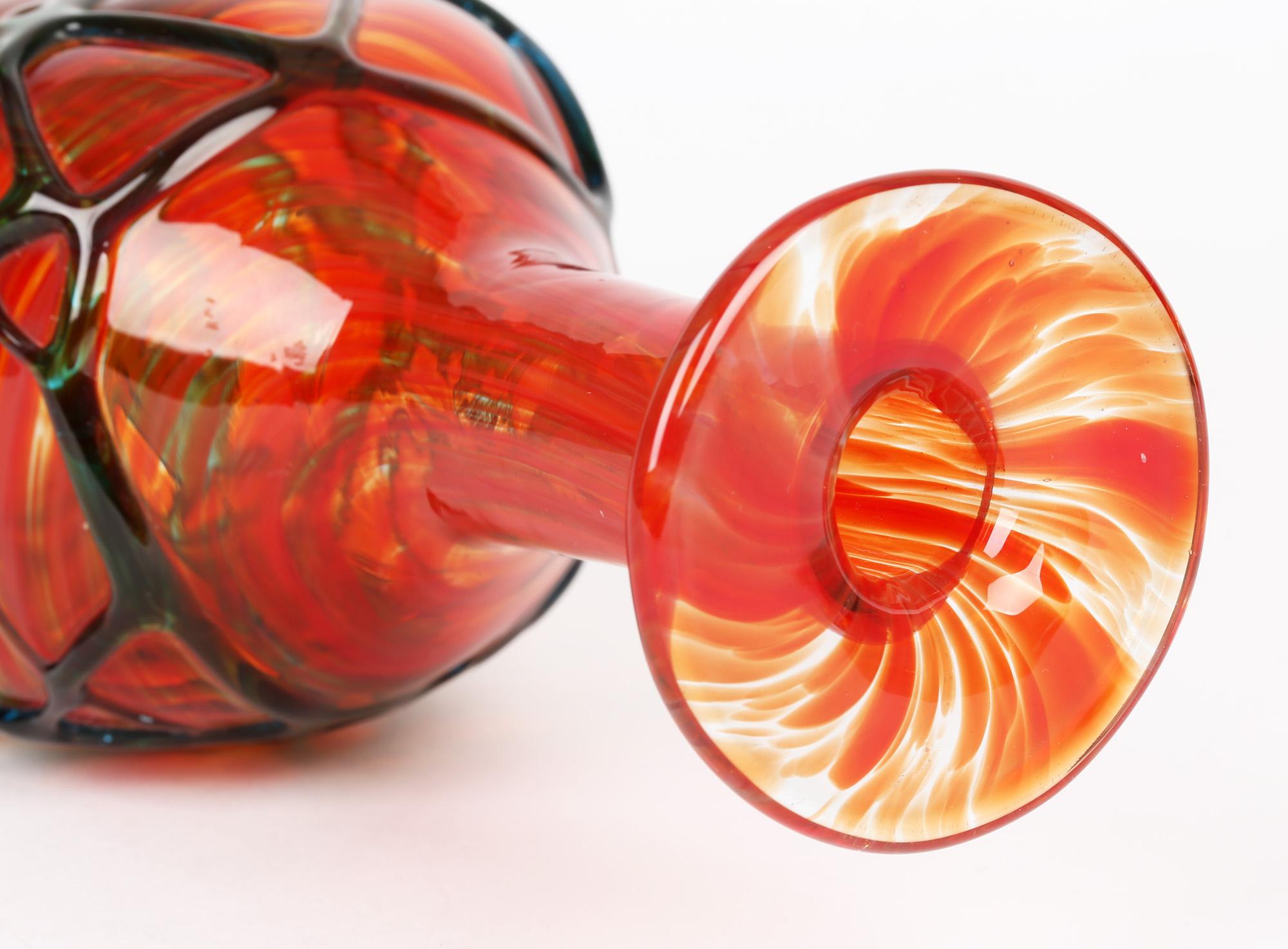 Hand-Crafted Mdina Maltese Hand Blown Blue Trailed Orange Art Glass Decanter and Stopper