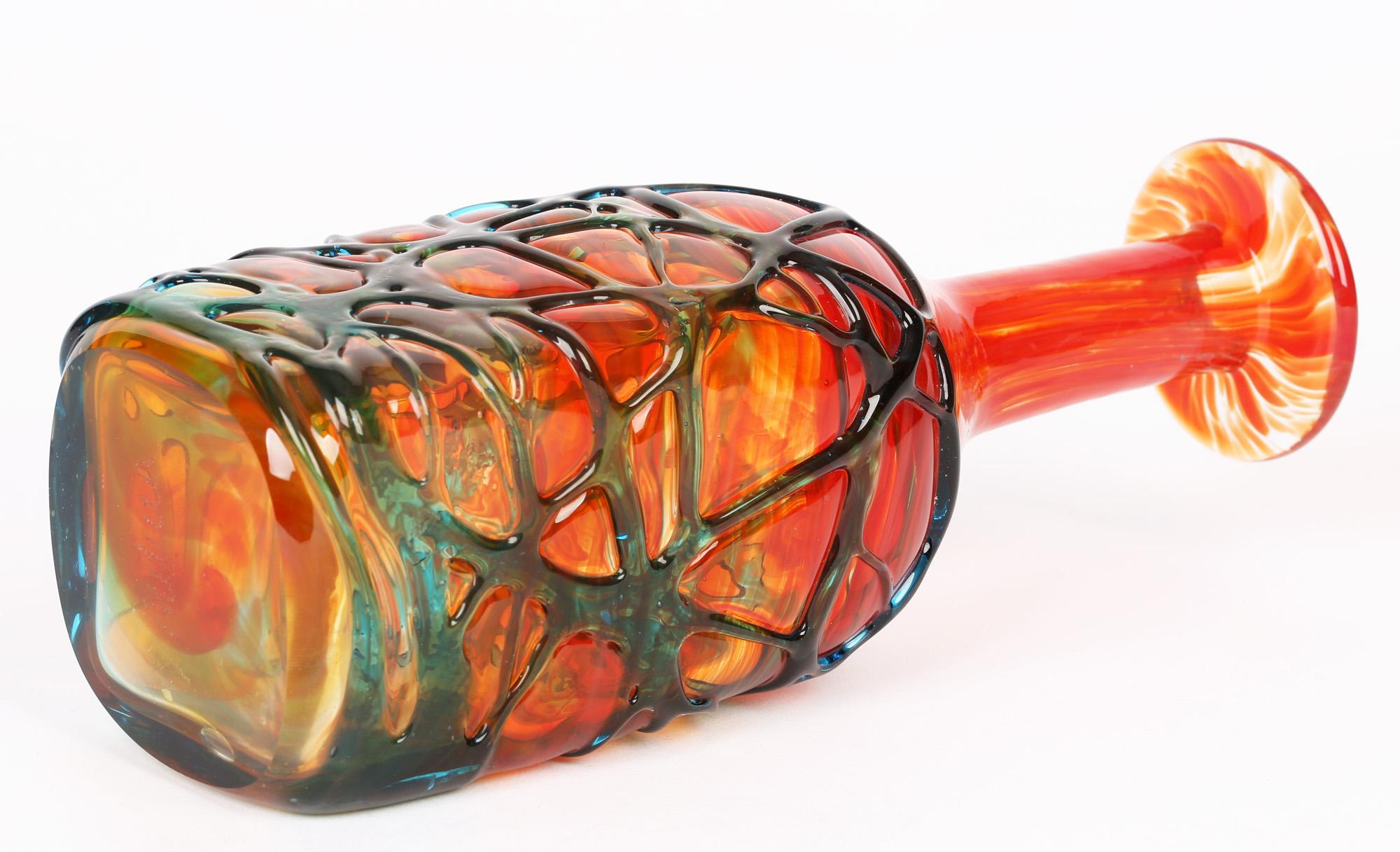 Late 20th Century Mdina Maltese Hand Blown Blue Trailed Orange Art Glass Decanter and Stopper