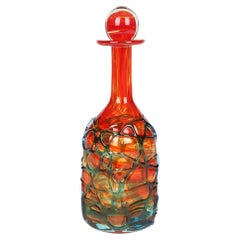 Mdina Maltese Hand Blown Blue Trailed Orange Art Glass Decanter and Stopper