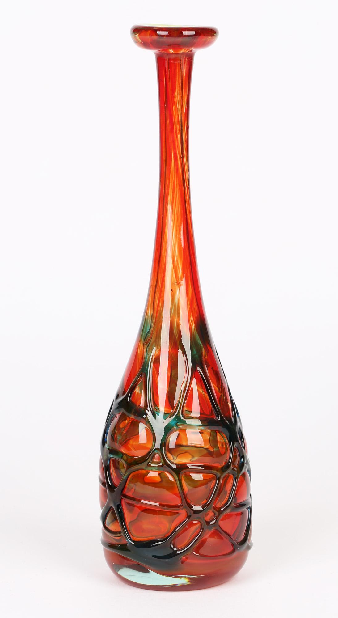 Mdina Maltese Hand Blown Blue Trailed Orange Art Glass Vase 4