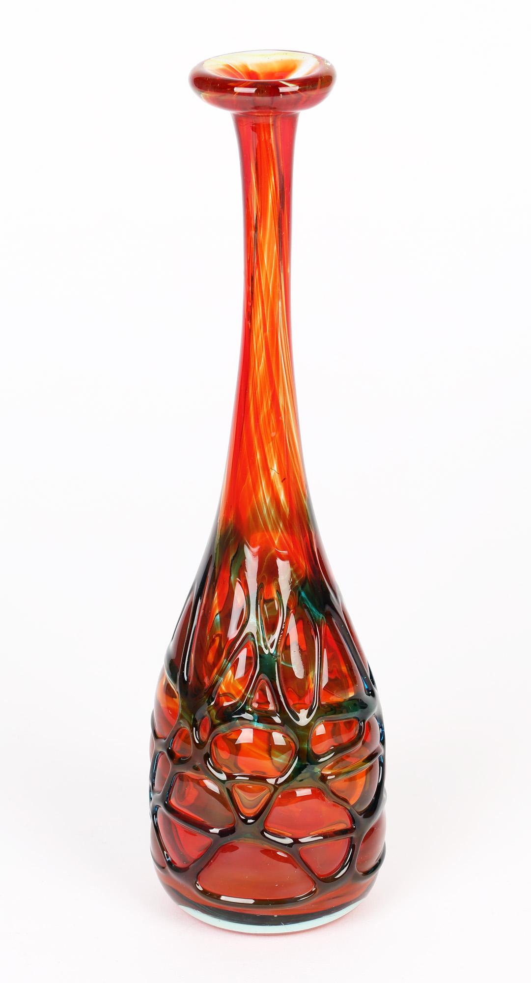 Modern Mdina Maltese Hand Blown Blue Trailed Orange Art Glass Vase