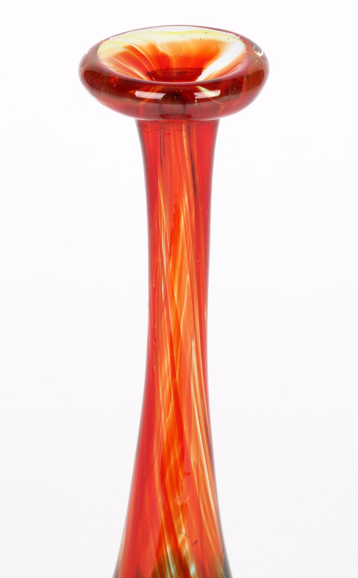 Hand-Crafted Mdina Maltese Hand Blown Blue Trailed Orange Art Glass Vase