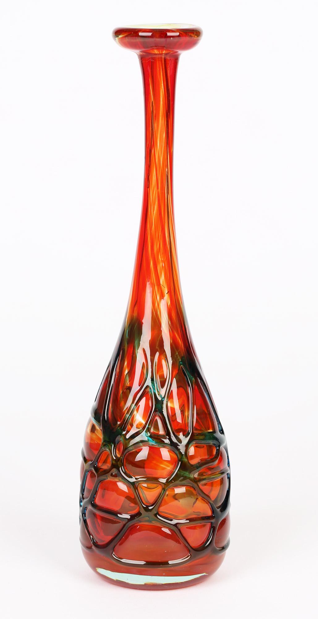 Mdina Maltese Hand Blown Blue Trailed Orange Art Glass Vase 1