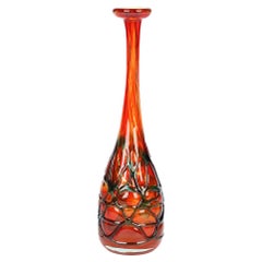 Mdina Maltese Hand Blown Blue Trailed Orange Art Glass Vase