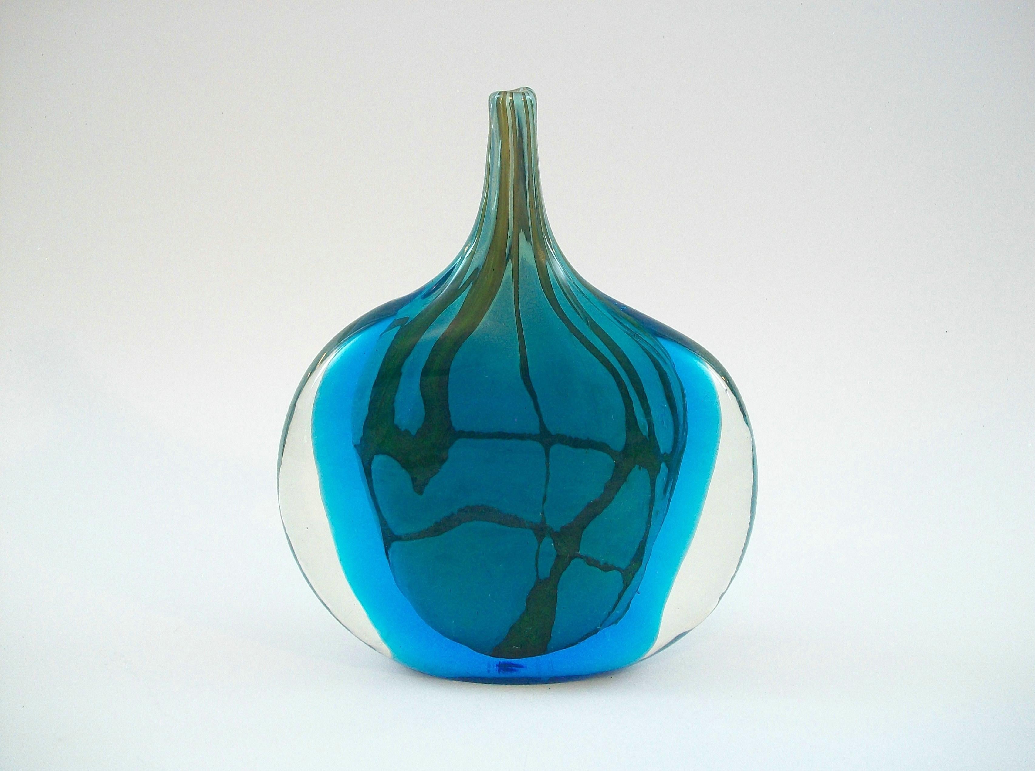 MDINA GLASS - MICHAEL HARRIS - Mid Century studio glass 'fish' vase - featuring a flattened form with cased blue and green glass to the interior and clear glass to the wings - polished finish - flat ground base - unsigned (likely originally had a