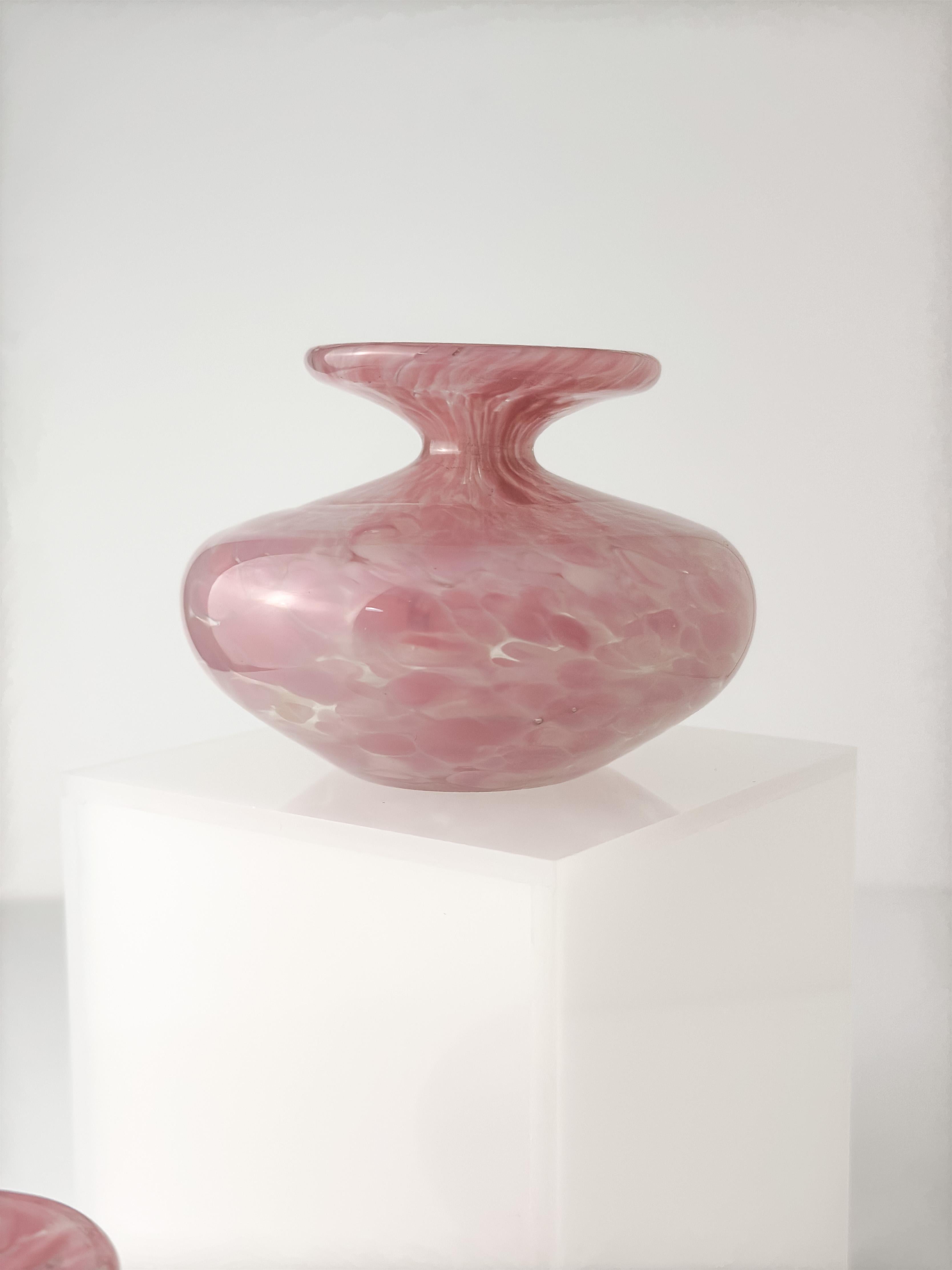 Hand-Crafted Mdina Pink Glass Vase, Small Bottle Signed Matching Pair c.1980s For Sale