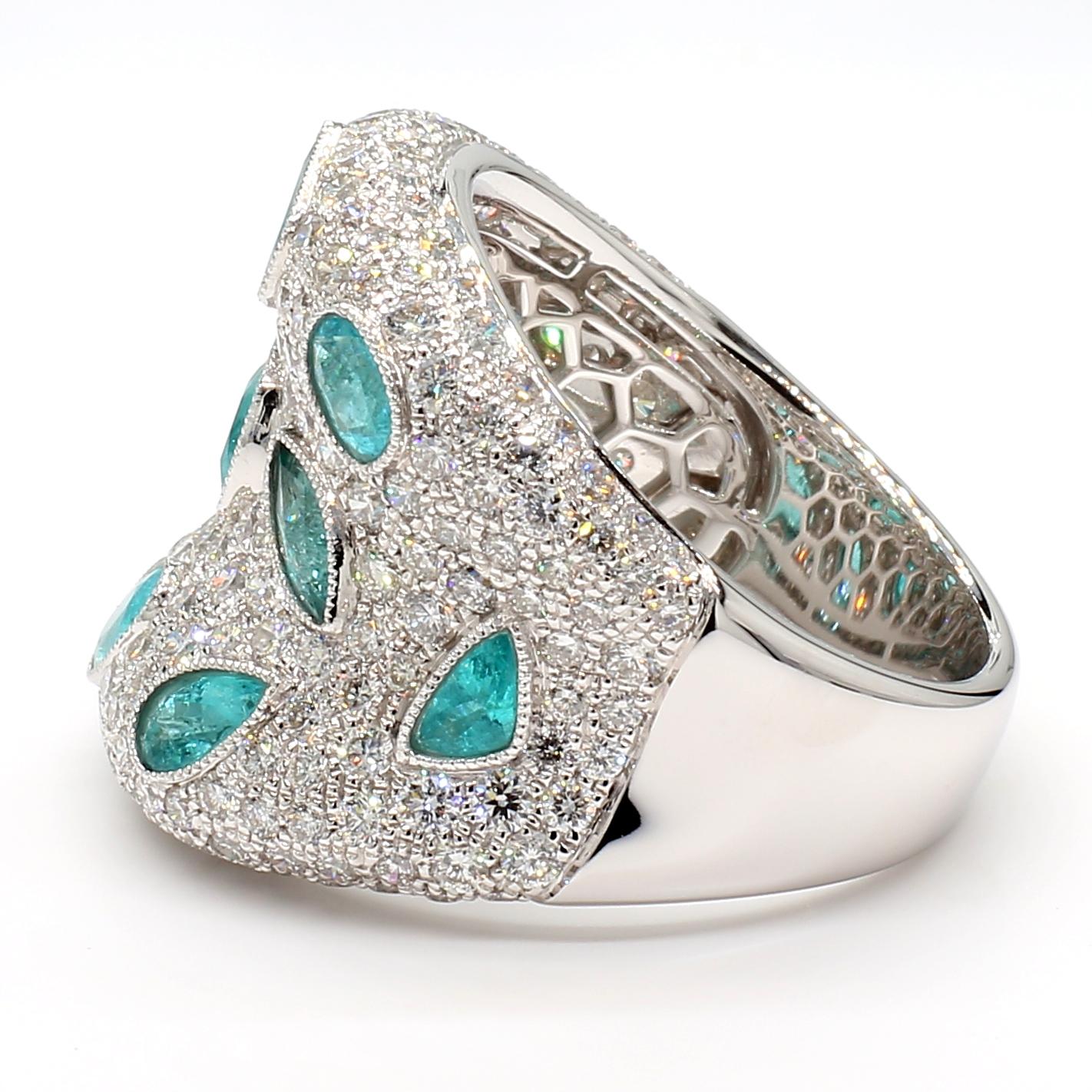 Mixed Cut MDJ JEWELS Paraiba Tourmaline Dome Ring Brazil All GIA Certified 18K White Gold For Sale