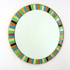 Midcentury Circular Mirror with Multicolor Sunburst Glass Mosaic Frame
