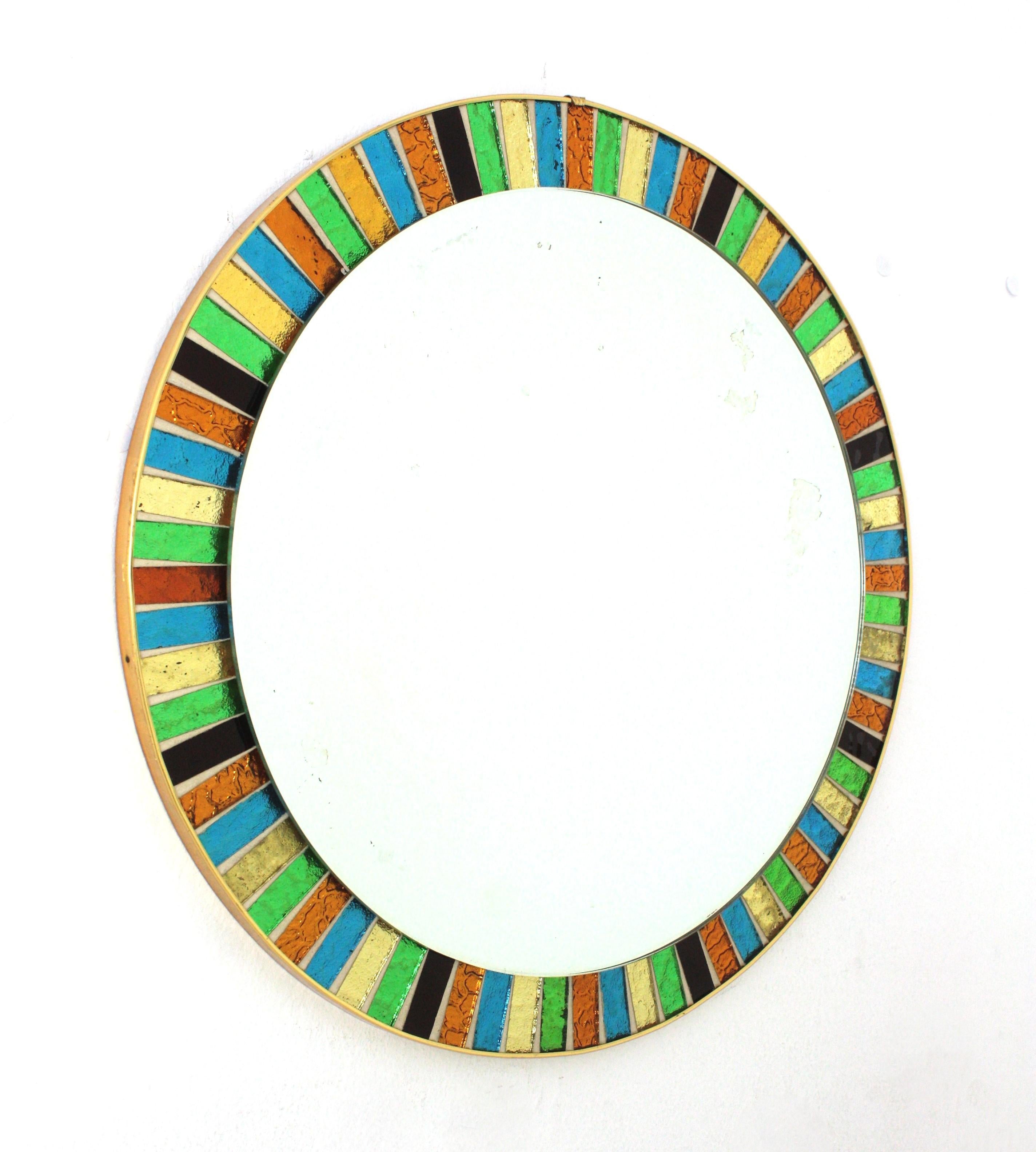 Mid-Century Modern MDM Round Sunburst Mirror with Multicolor Glass Mosaic Frame For Sale