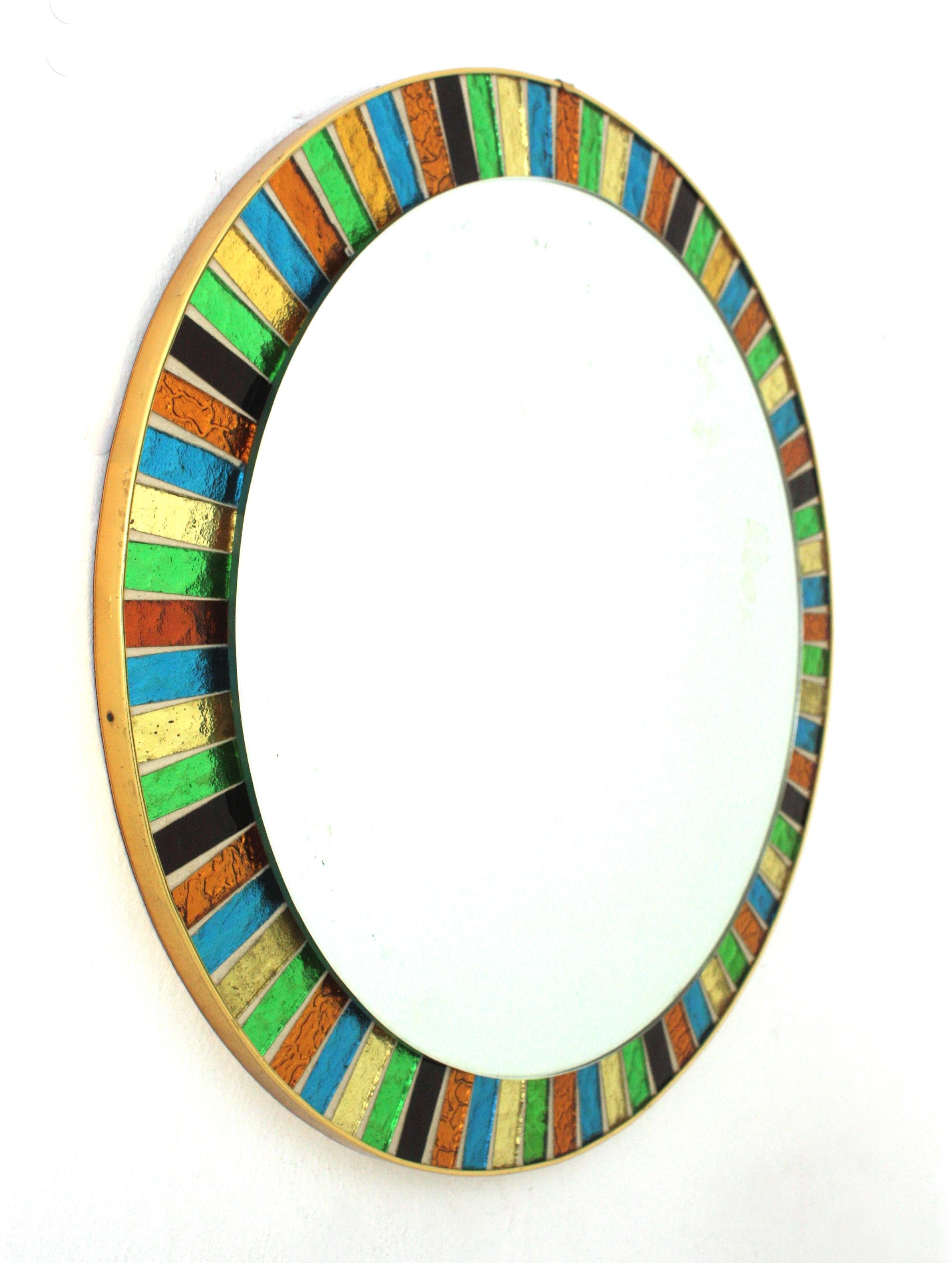 Spanish MDM Round Sunburst Mirror with Multicolor Glass Mosaic Frame For Sale