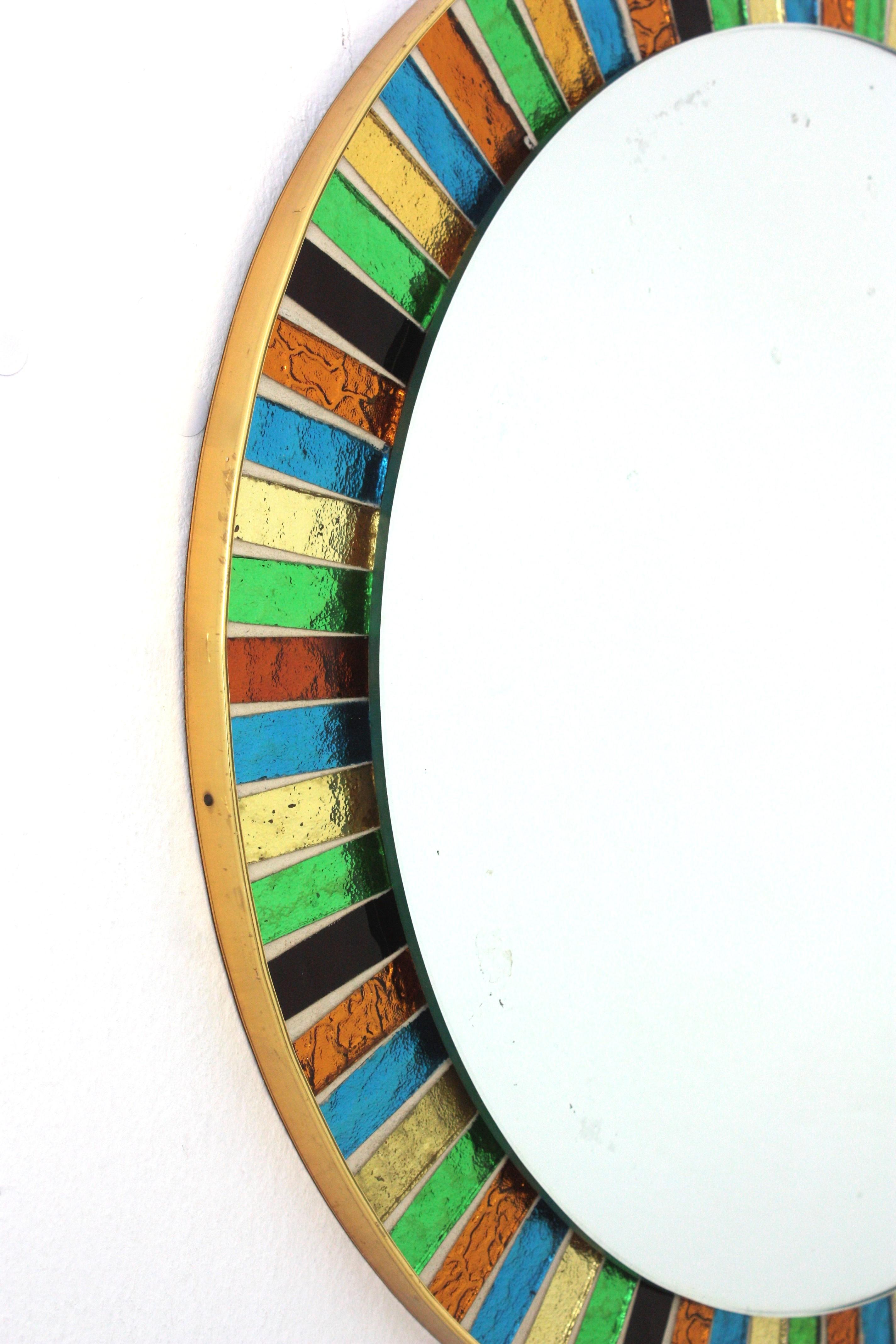 Hand-Crafted MDM Round Sunburst Mirror with Multicolor Glass Mosaic Frame For Sale