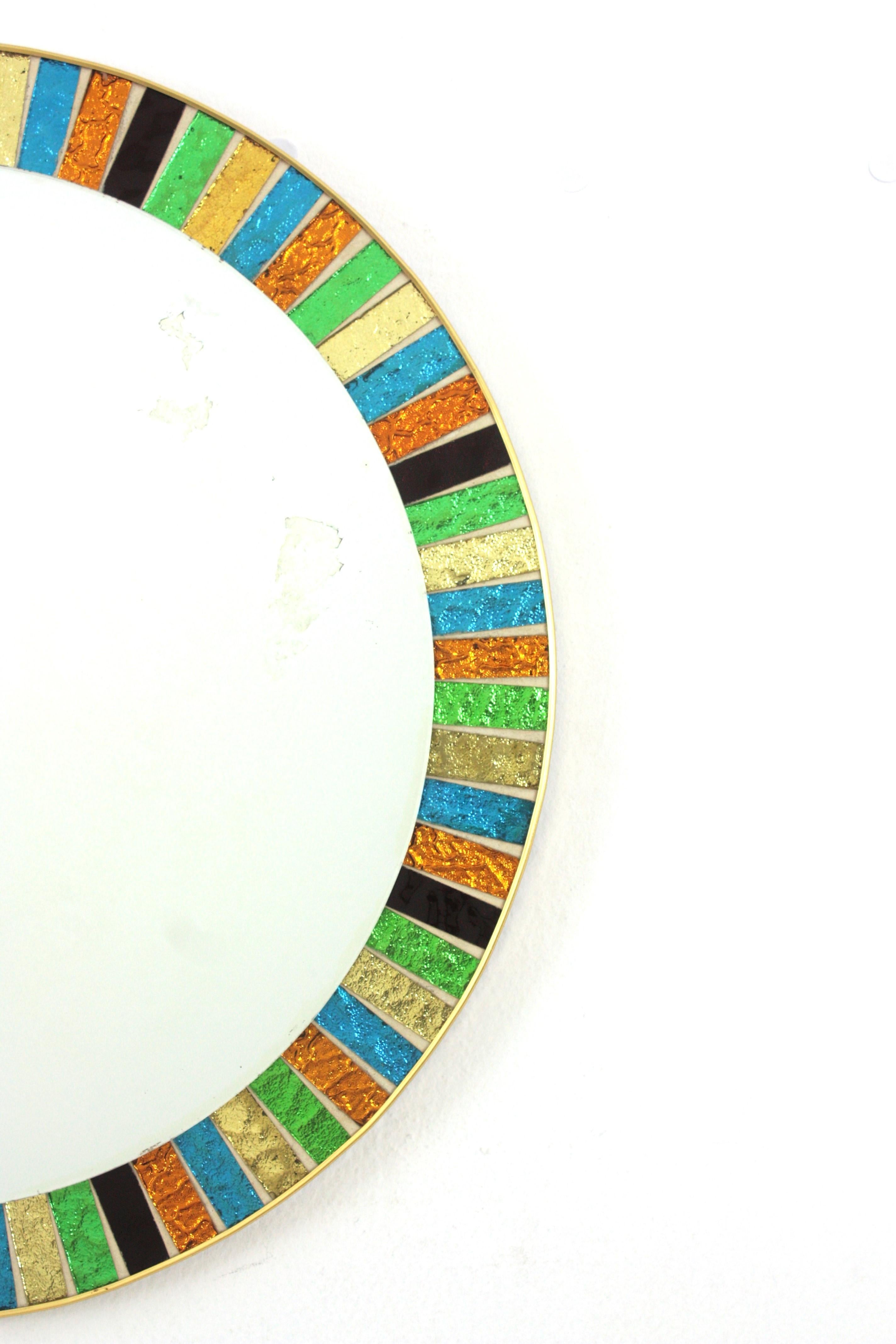 20th Century MDM Round Sunburst Mirror with Multicolor Glass Mosaic Frame For Sale