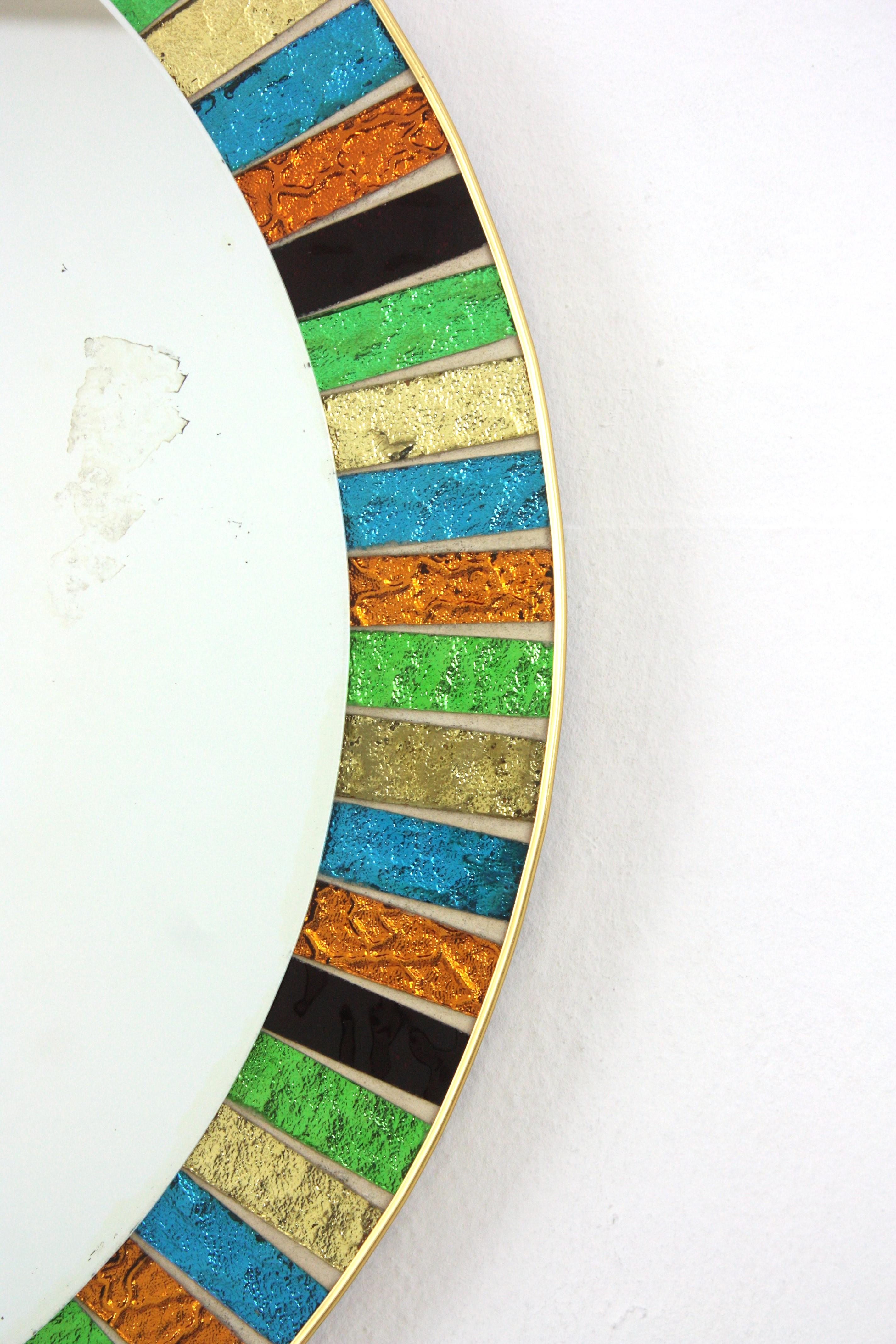 MDM Round Sunburst Mirror with Multicolor Glass Mosaic Frame For Sale 1