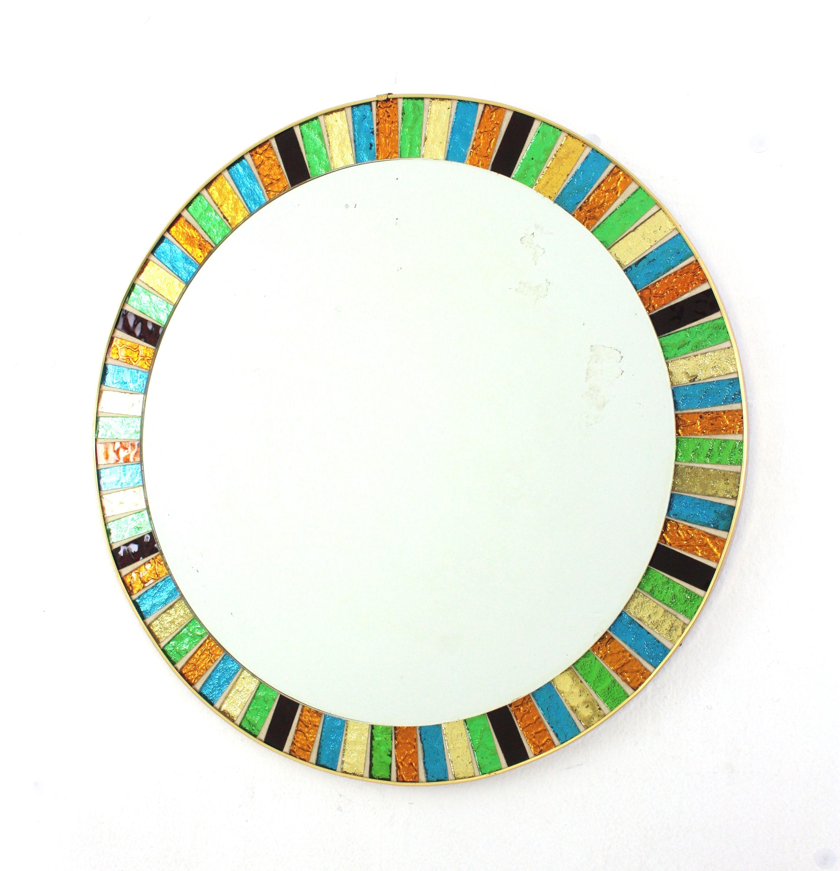 MDM Round Sunburst Mirror with Multicolor Glass Mosaic Frame For Sale 2