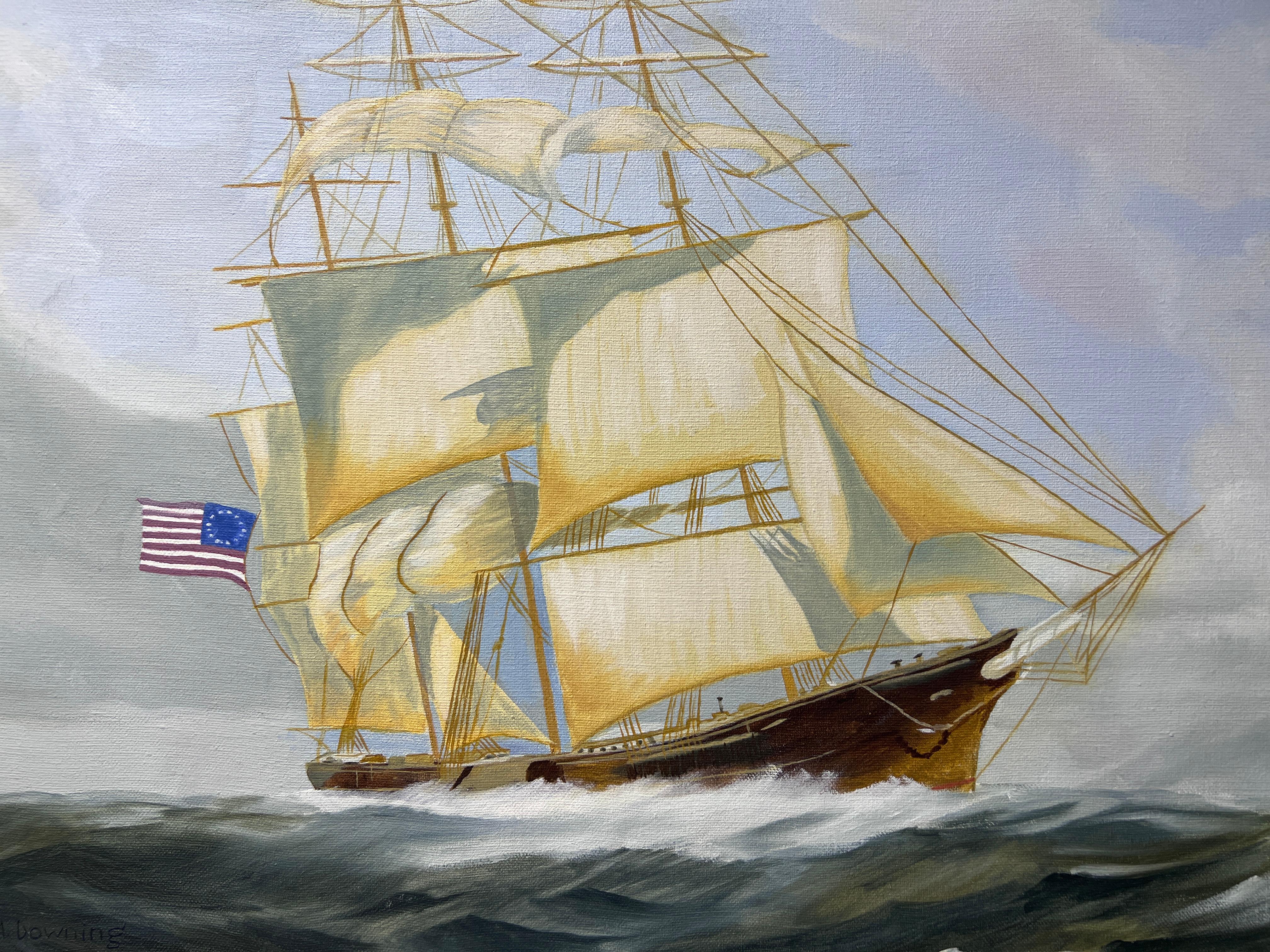 Original Oil painting on canvas, seascape, Sailing Ship, signed M.Downing 2