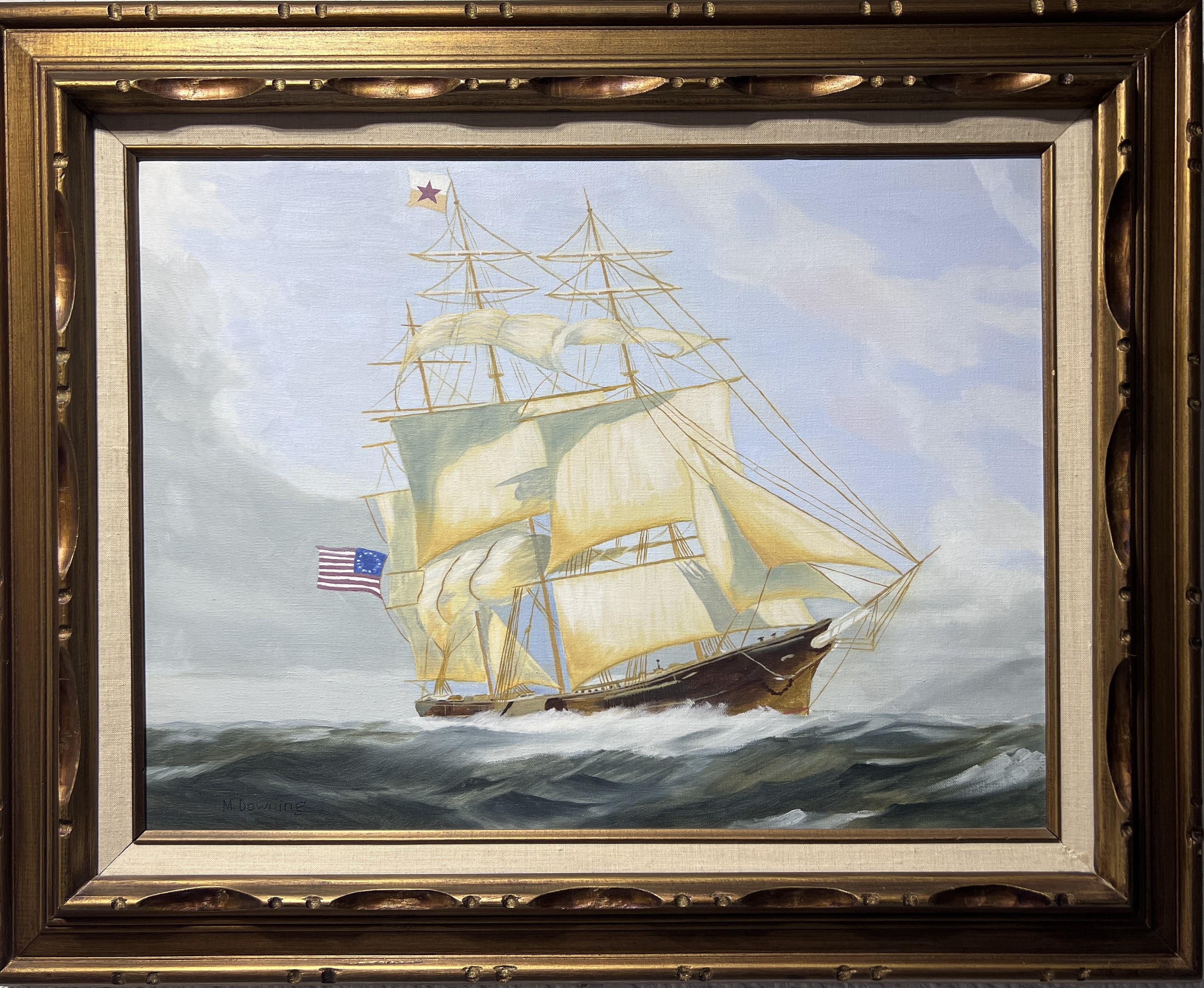This is an original oil painting on canvas, depicting Sailing Ship on the High Seas. Beautifully done, great blue colors. 

Framed measuring 31.5 "x 25.5" & painting measures 24 "x 18".

Presented in a wood frame. 

The painting is in good