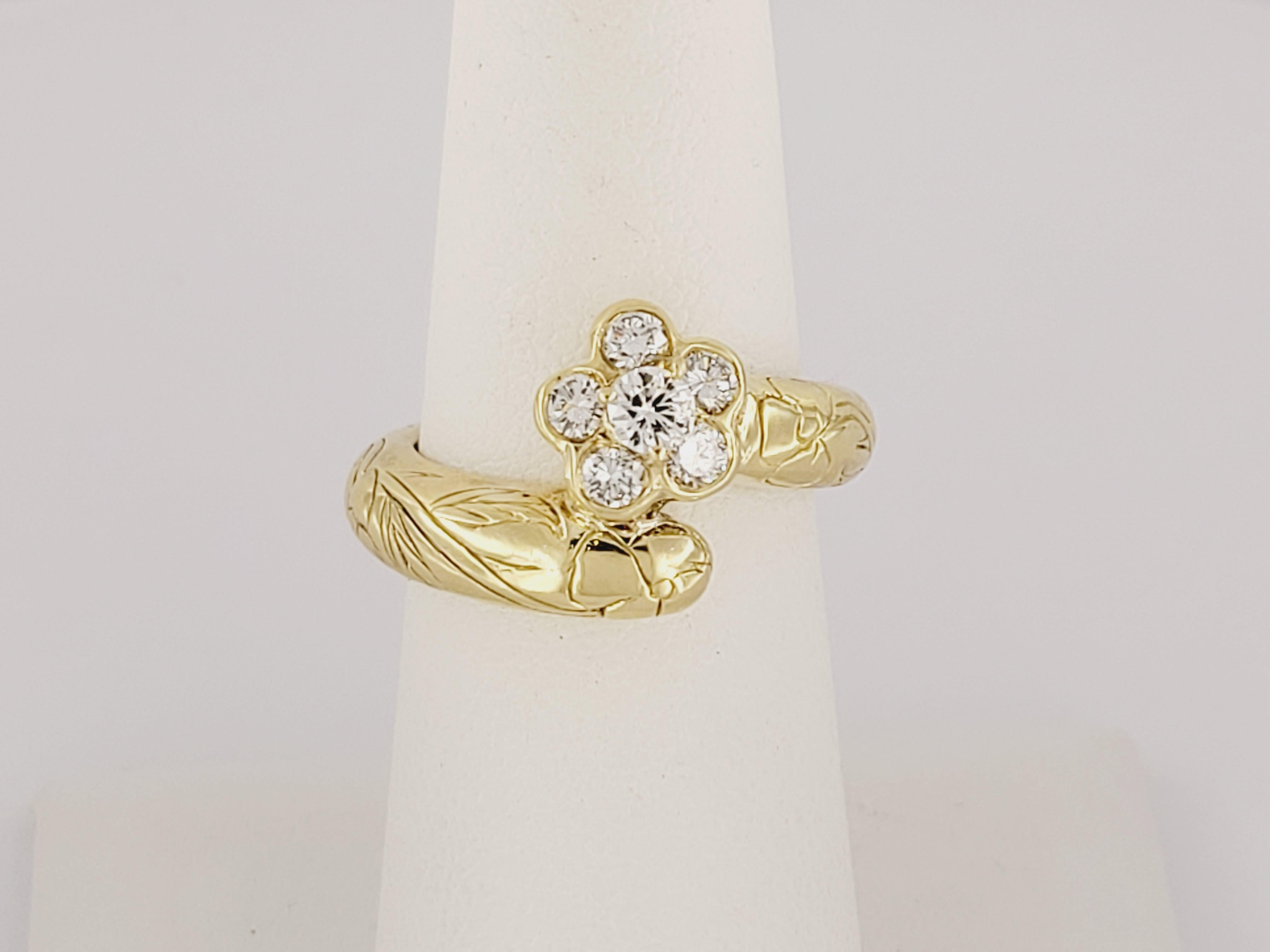 Vintage  Mdviani  Ring From Before 2000
18K Yellow Gold Ring with Diamond Flower
Diamond Clarity VS Color Grade F
There Six Diamonds .65ctw
Ring Size 6.5 
Ring Weight 9.7gr
Mint Condition, Like New
Retail price$4900