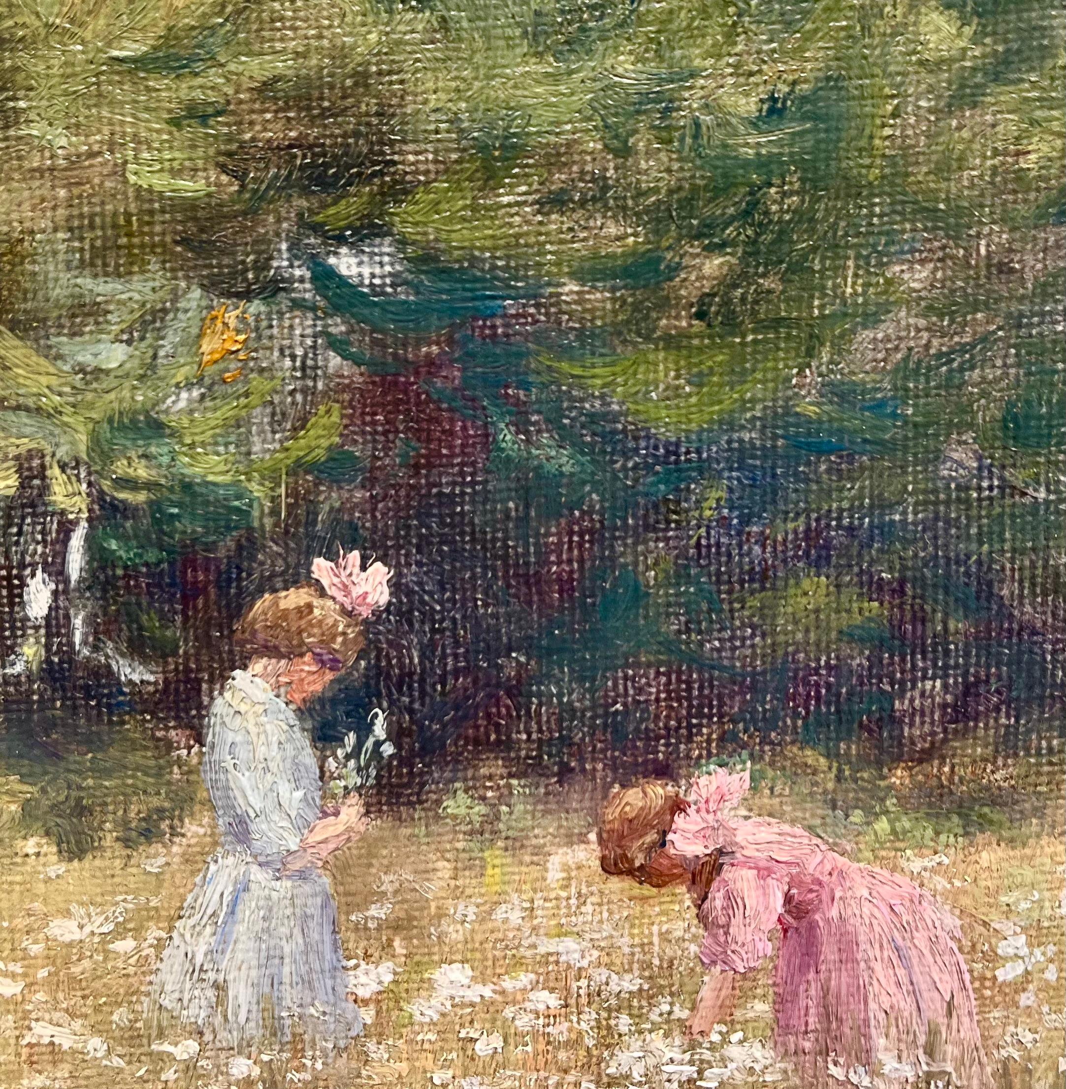 Kleine Mädchen pflücken Blumen – Painting von M.E. Dickinson