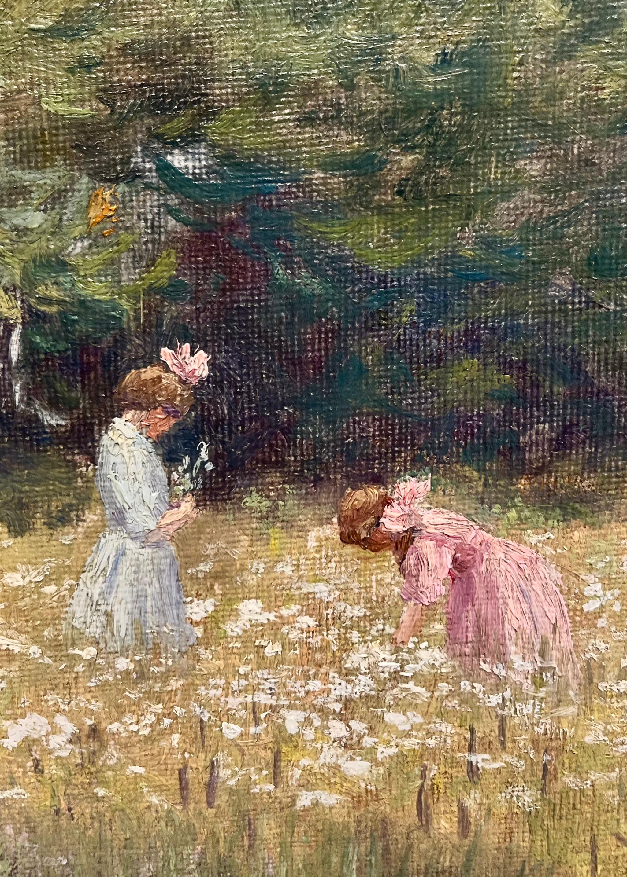 Kleine Mädchen pflücken Blumen (Impressionismus), Painting, von M.E. Dickinson