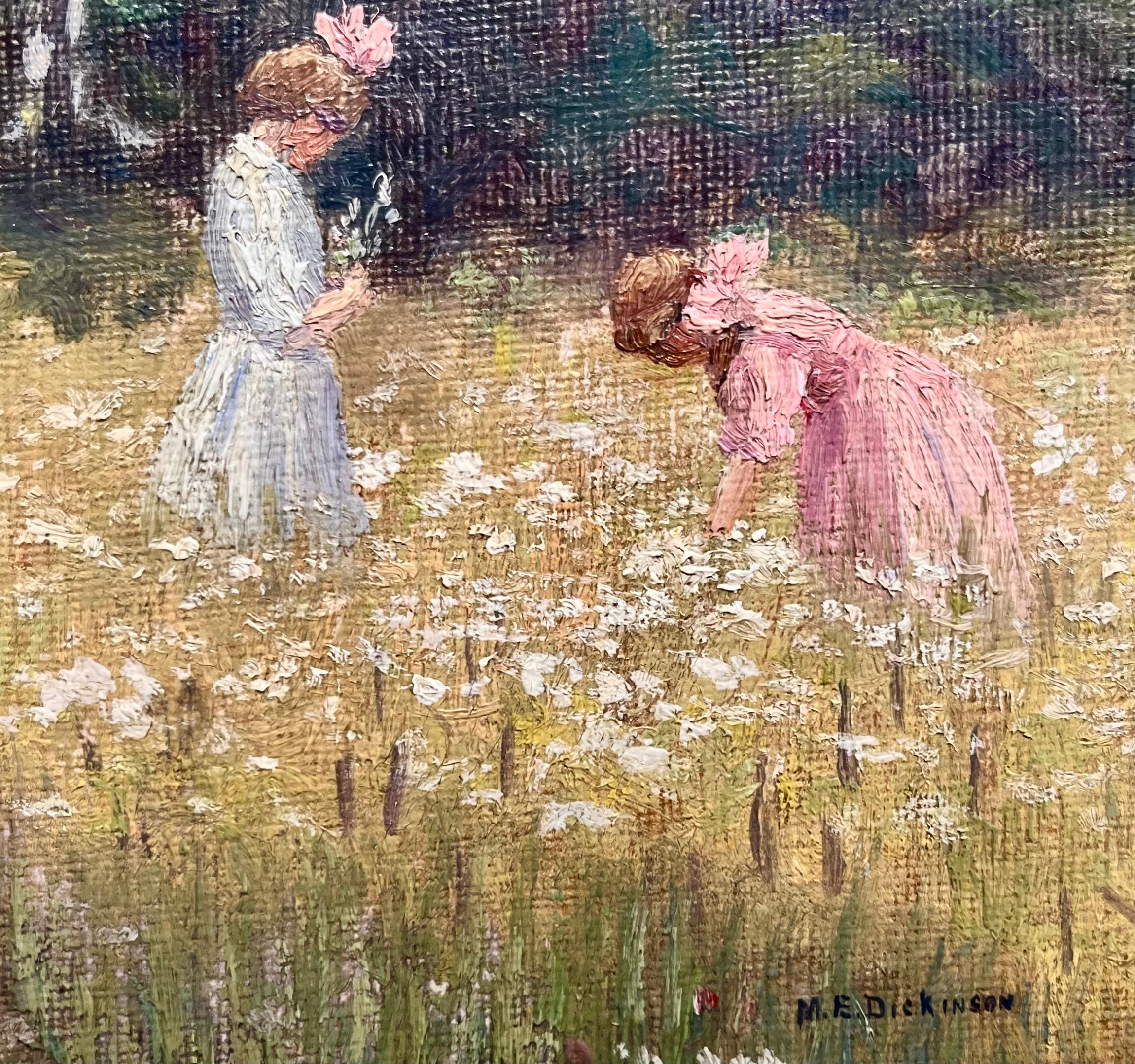 Kleine Mädchen pflücken Blumen (Braun), Figurative Painting, von M.E. Dickinson