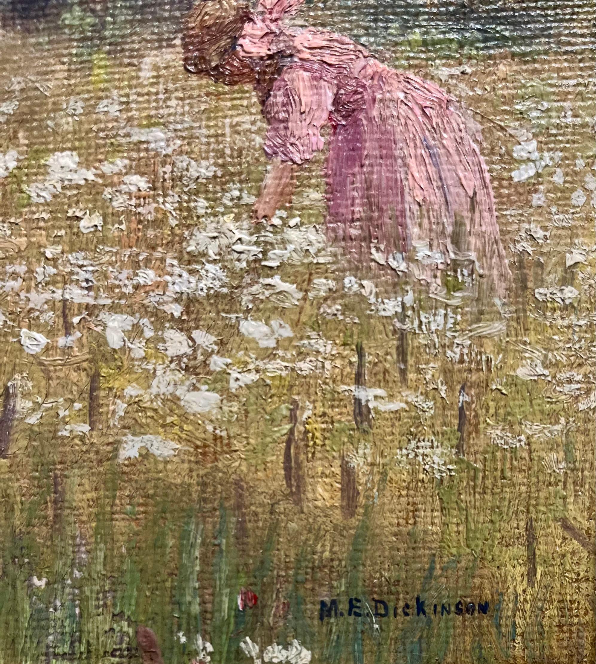Dieses charmante Ölgemälde von M.E. Dickenson, Little Girls Picking Flowers, fängt einen zarten und nostalgischen Moment der Kindheit ein. Zwei junge Mädchen, das eine in Weiß, das andere in Rosa gekleidet, pflücken Wildblumen auf einer