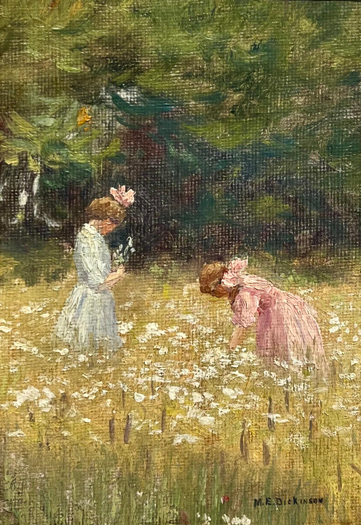 M.E. Dickinson Figurative Painting – Kleine Mädchen pflücken Blumen