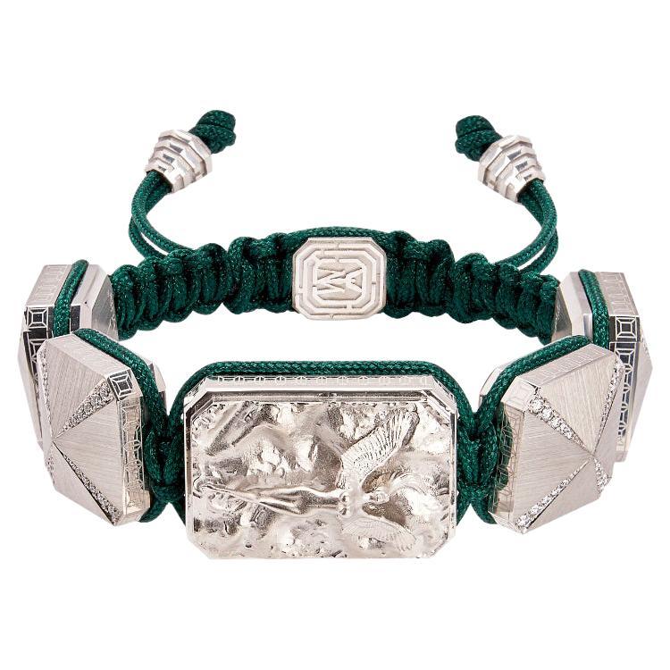 18k Weißgold-Armband mit grüner Schnur, 3D-Mikroskulptur-Diamanten