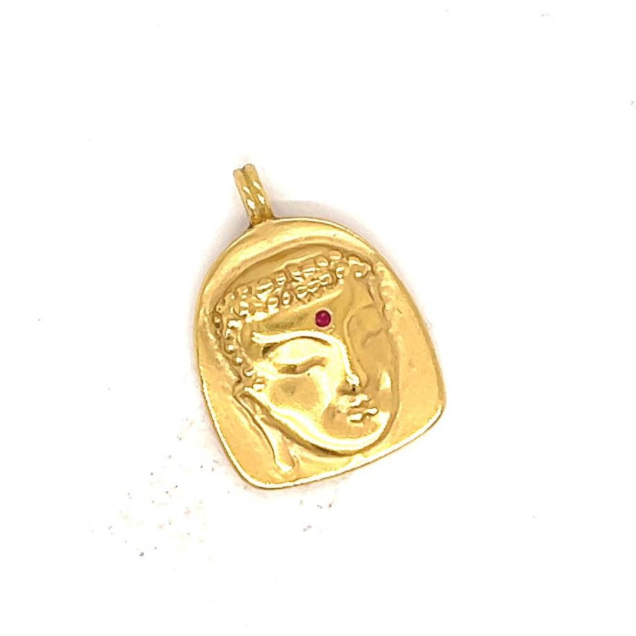 Round Cut Me & Ro Ruby 18 Karat Yellow Gold Buddha Pendant