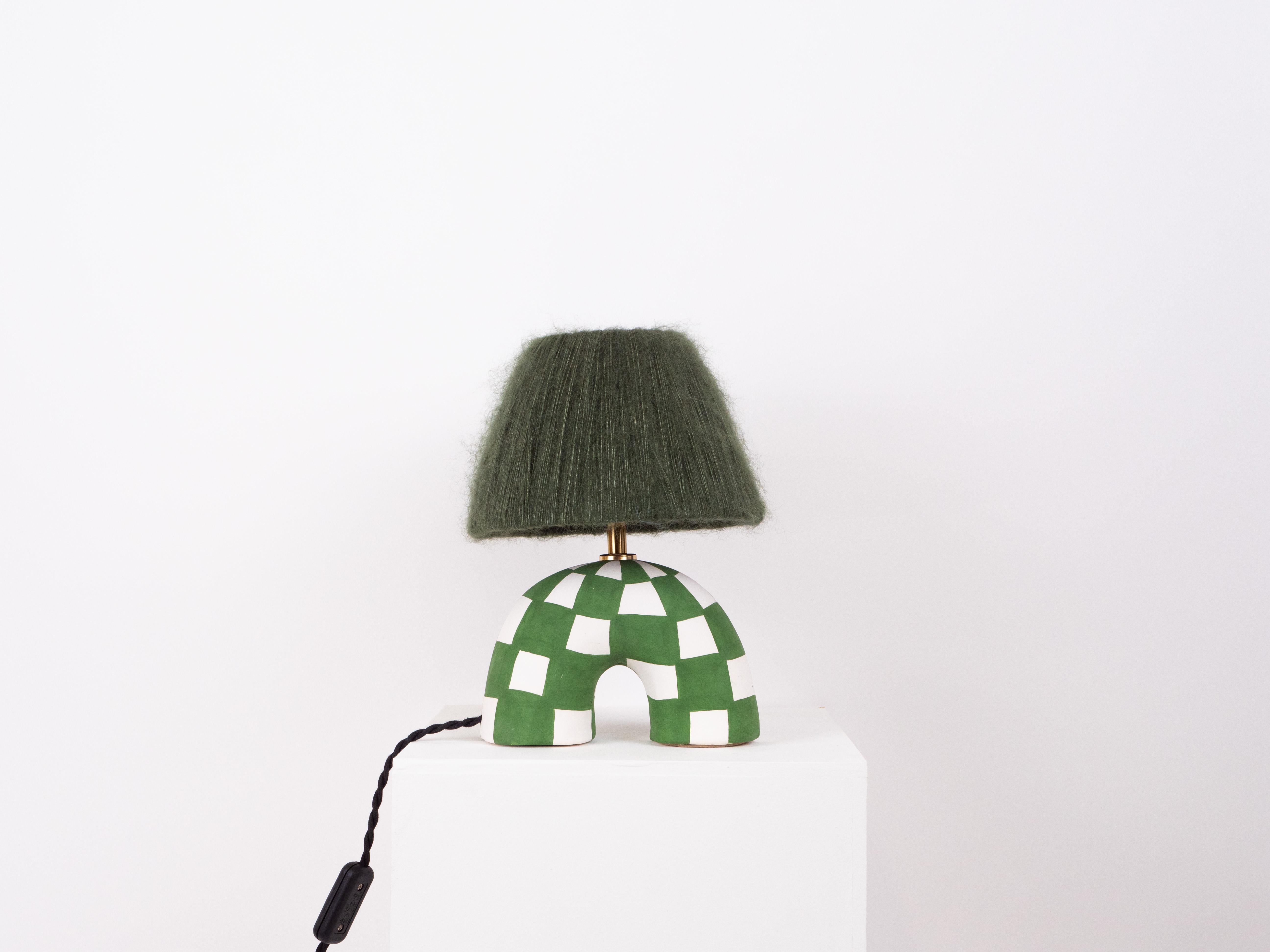 White and Green Cherckerboard pattern with a matte finish and green mohair shade 

Estimated processing time is 2 weeks from order confirmation

Pictured with a Mini Globe LED E27 Bulb. Bulb not included

To pair this base with a shade in an